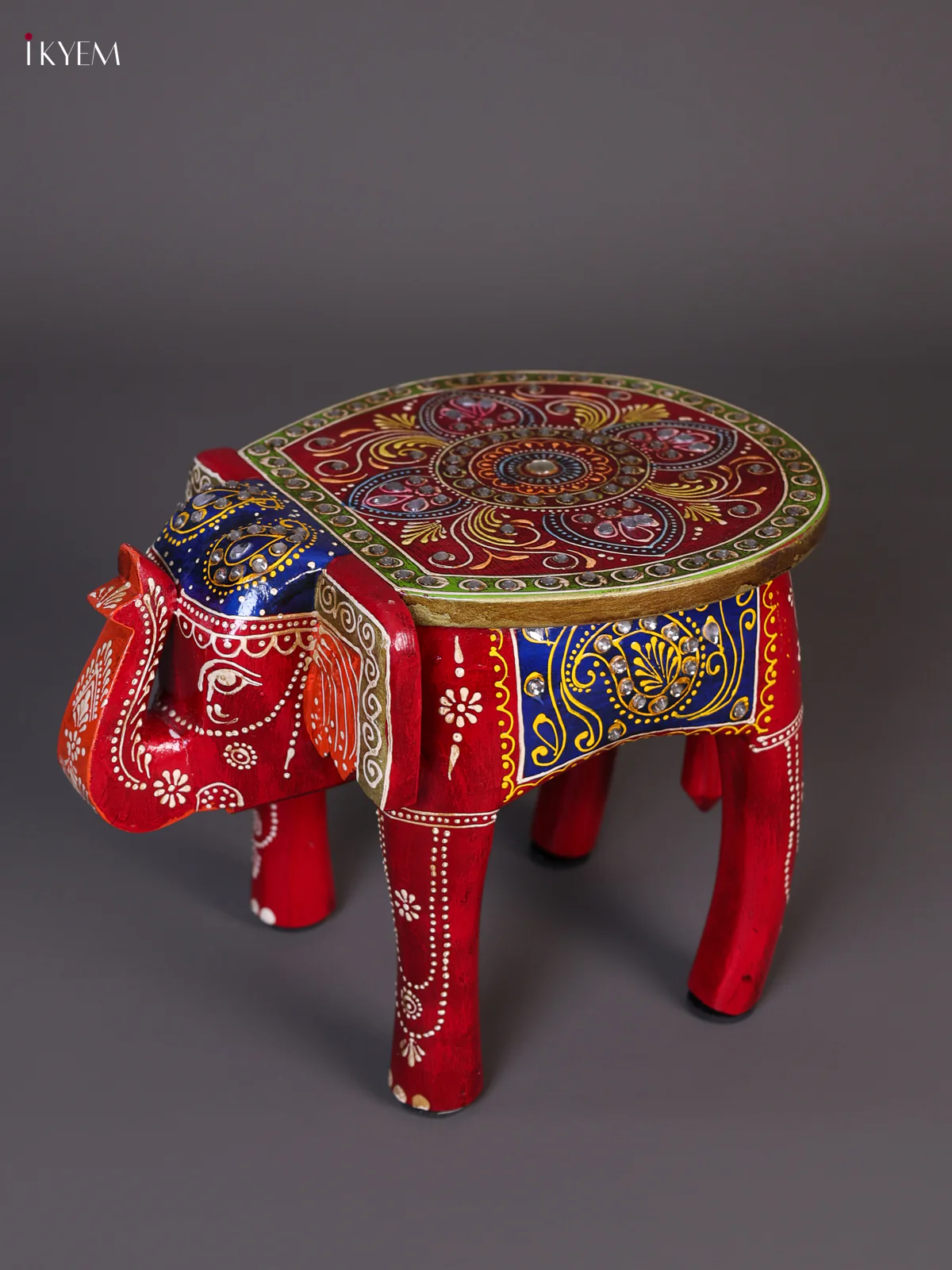 Wooden Handipainted Elephant Stool with Stone Work - 8 inch - Red-KEE02012