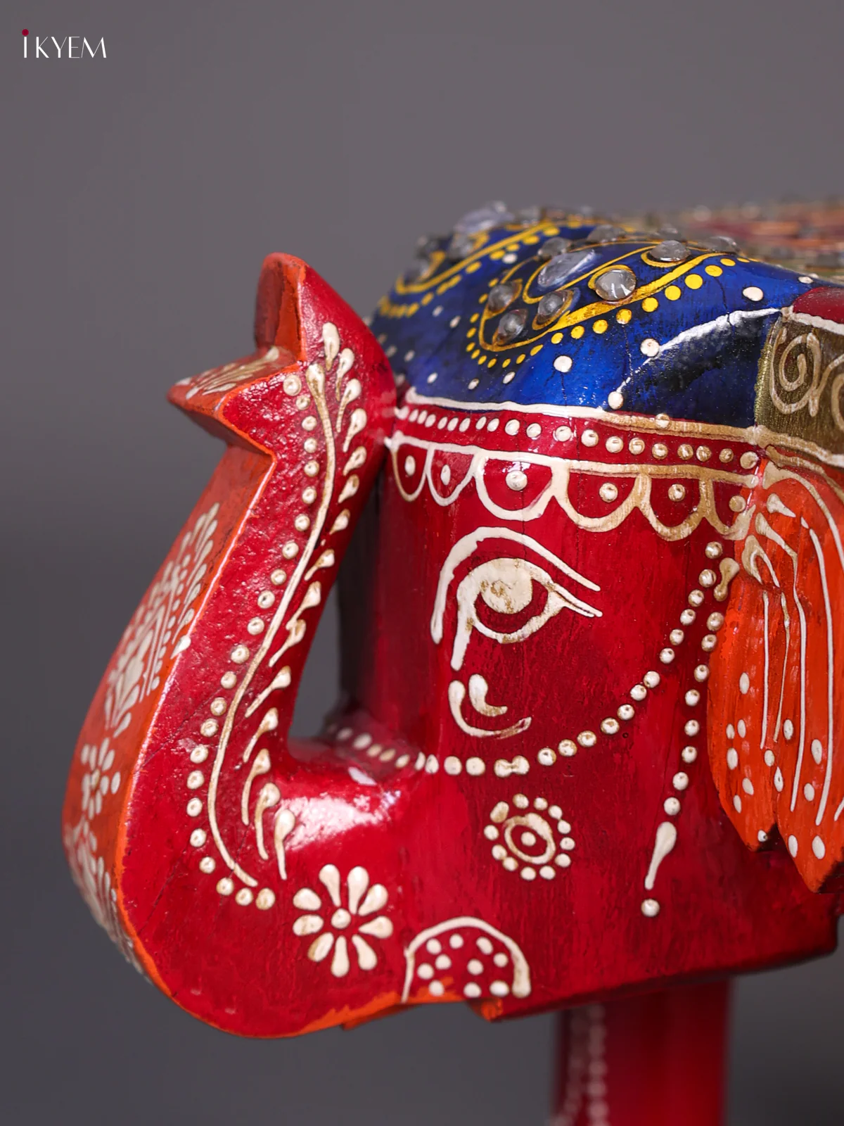 Wooden Handipainted Elephant Stool with Stone Work - 8 inch - Red-KEE02012 - Image 2