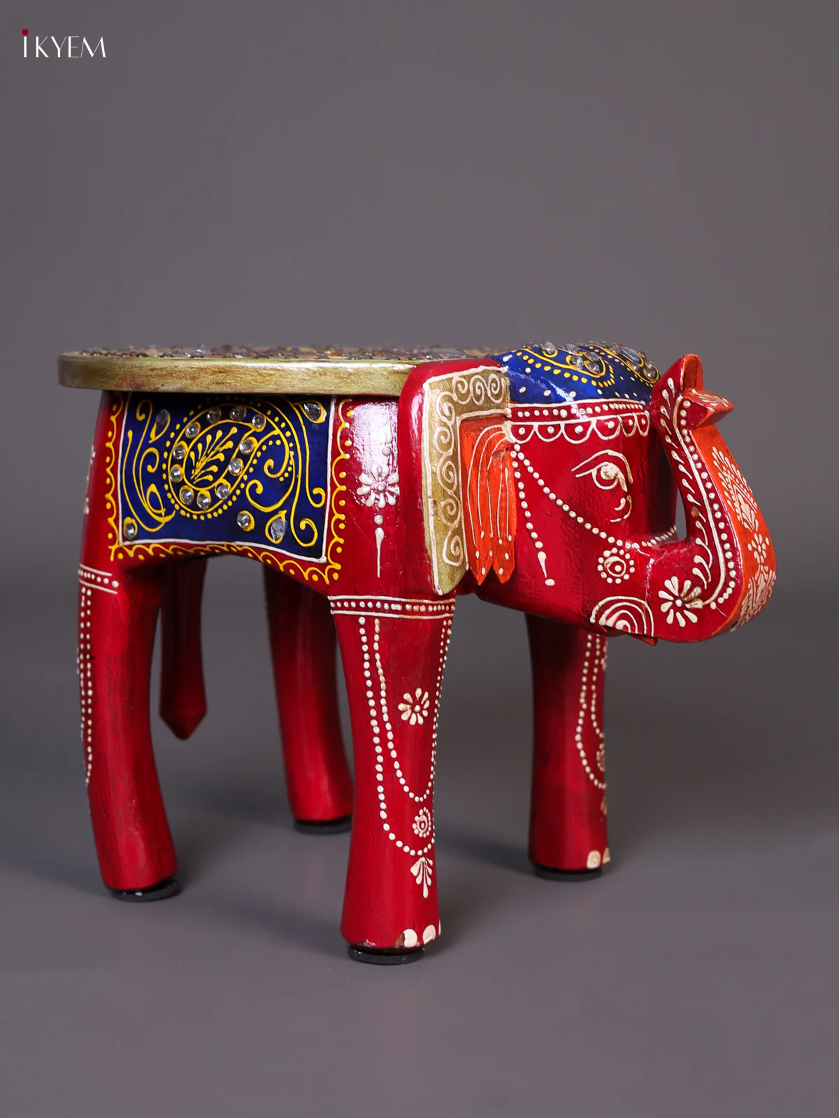 Wooden Handipainted Elephant Stool with Stone Work - 8 inch - Red-KEE02012 - Image 3
