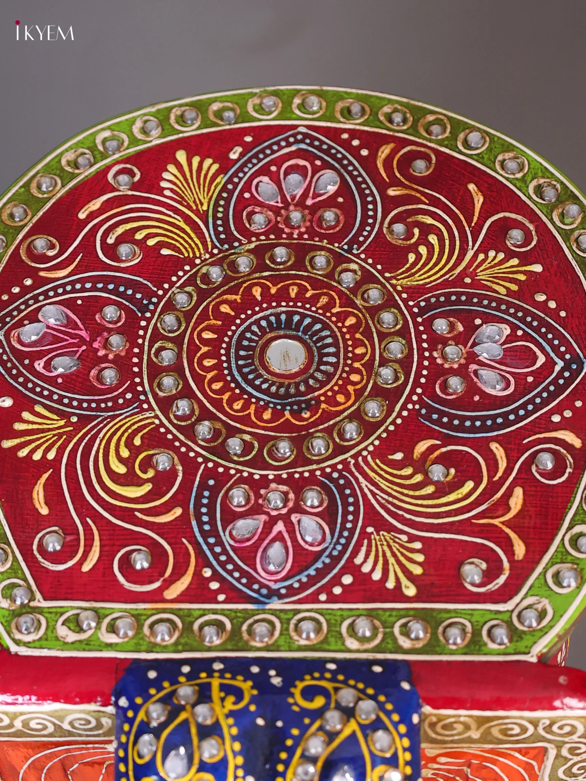Wooden Handipainted Elephant Stool with Stone Work - 8 inch - Red-KEE02012 - Image 4