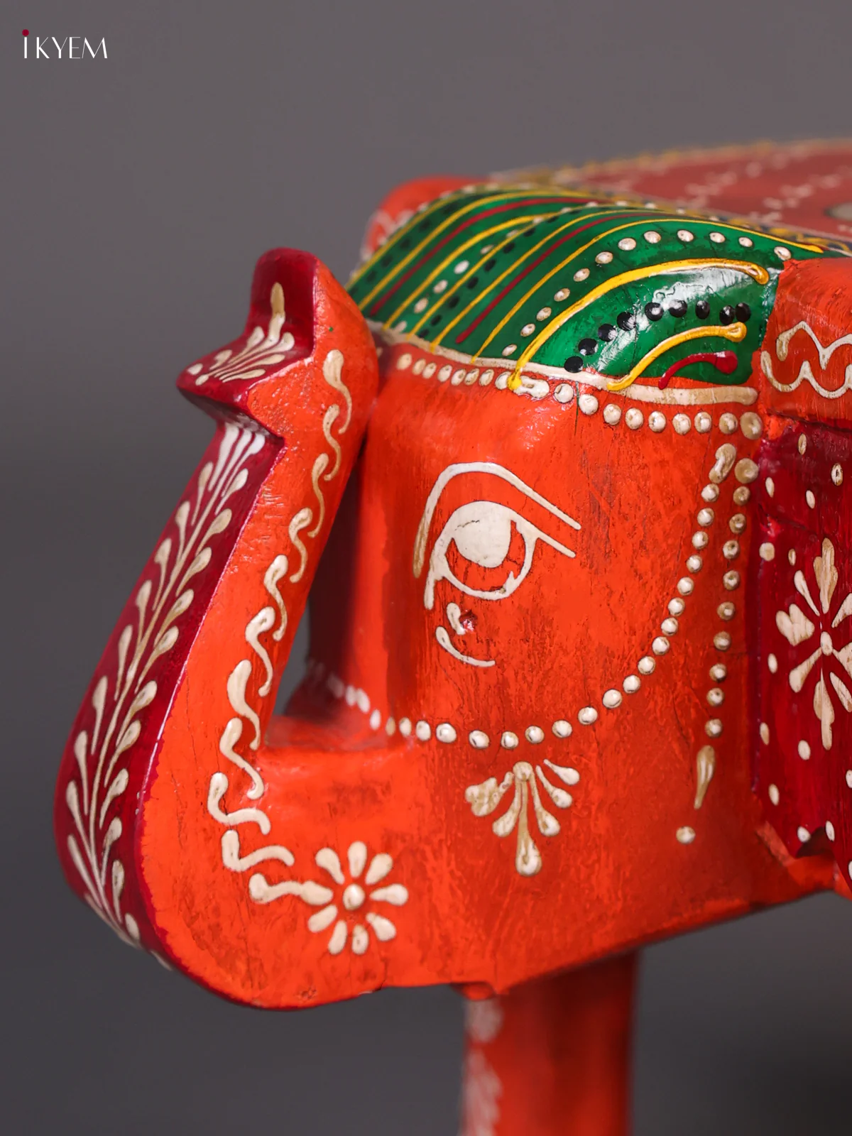 Wooden Handipainted Elephant Stool - 8 inch - Orange-KEE02013 - Image 2