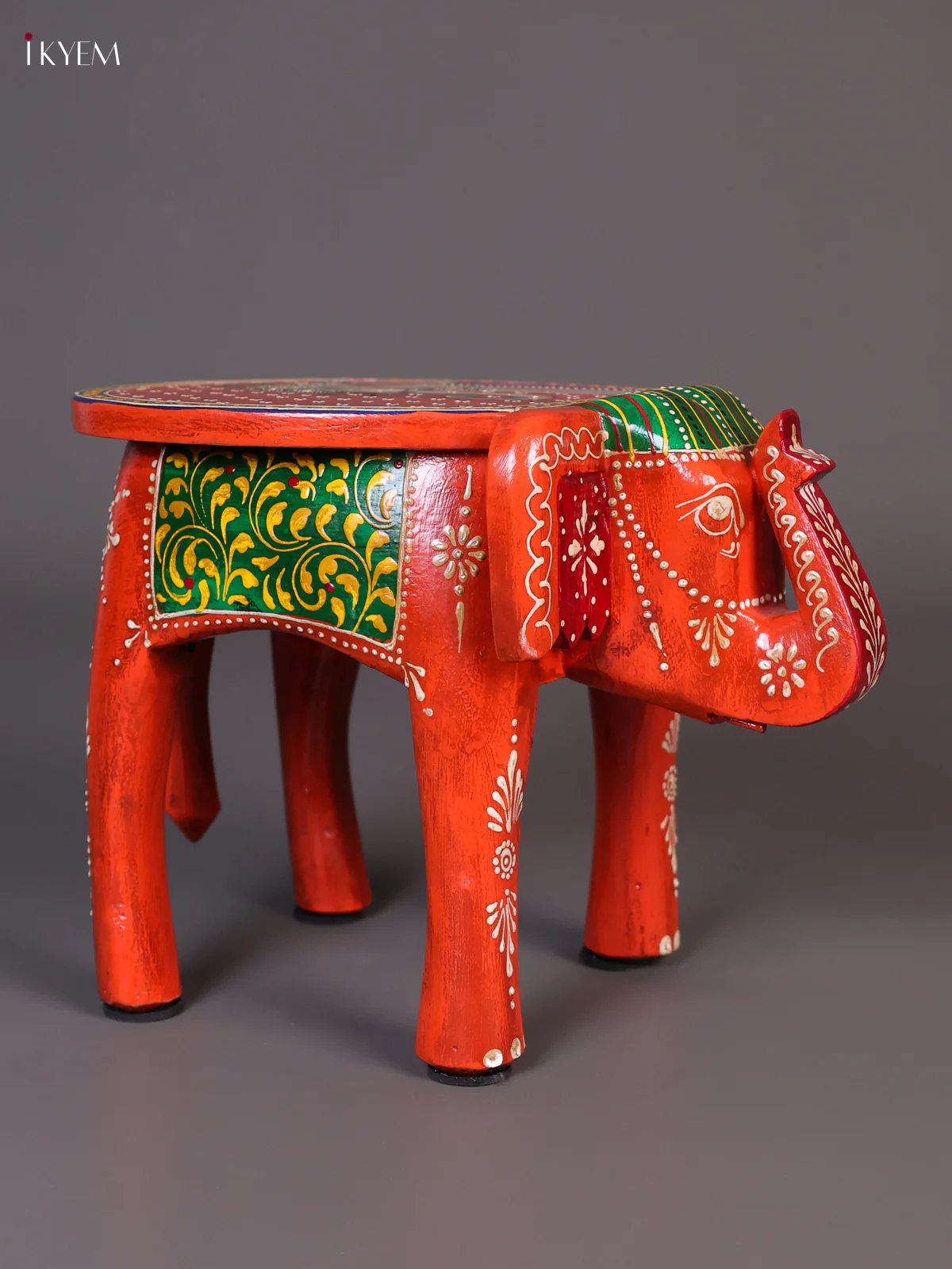 Wooden Handipainted Elephant Stool - 8 inch - Orange-KEE02013 - Image 4