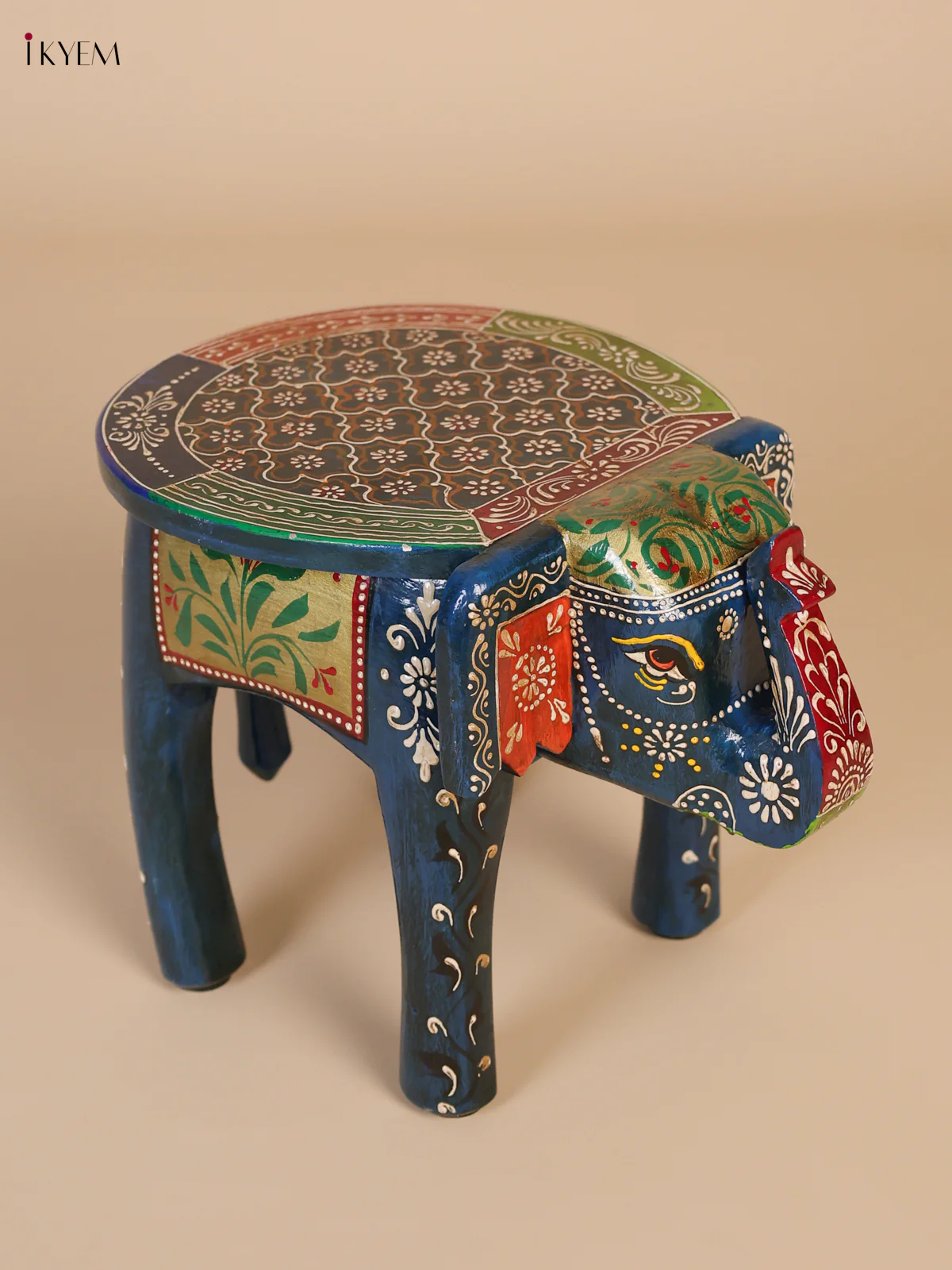 Wooden Handipainted Elephant Stool - 8 inch - Teal-KEE02014