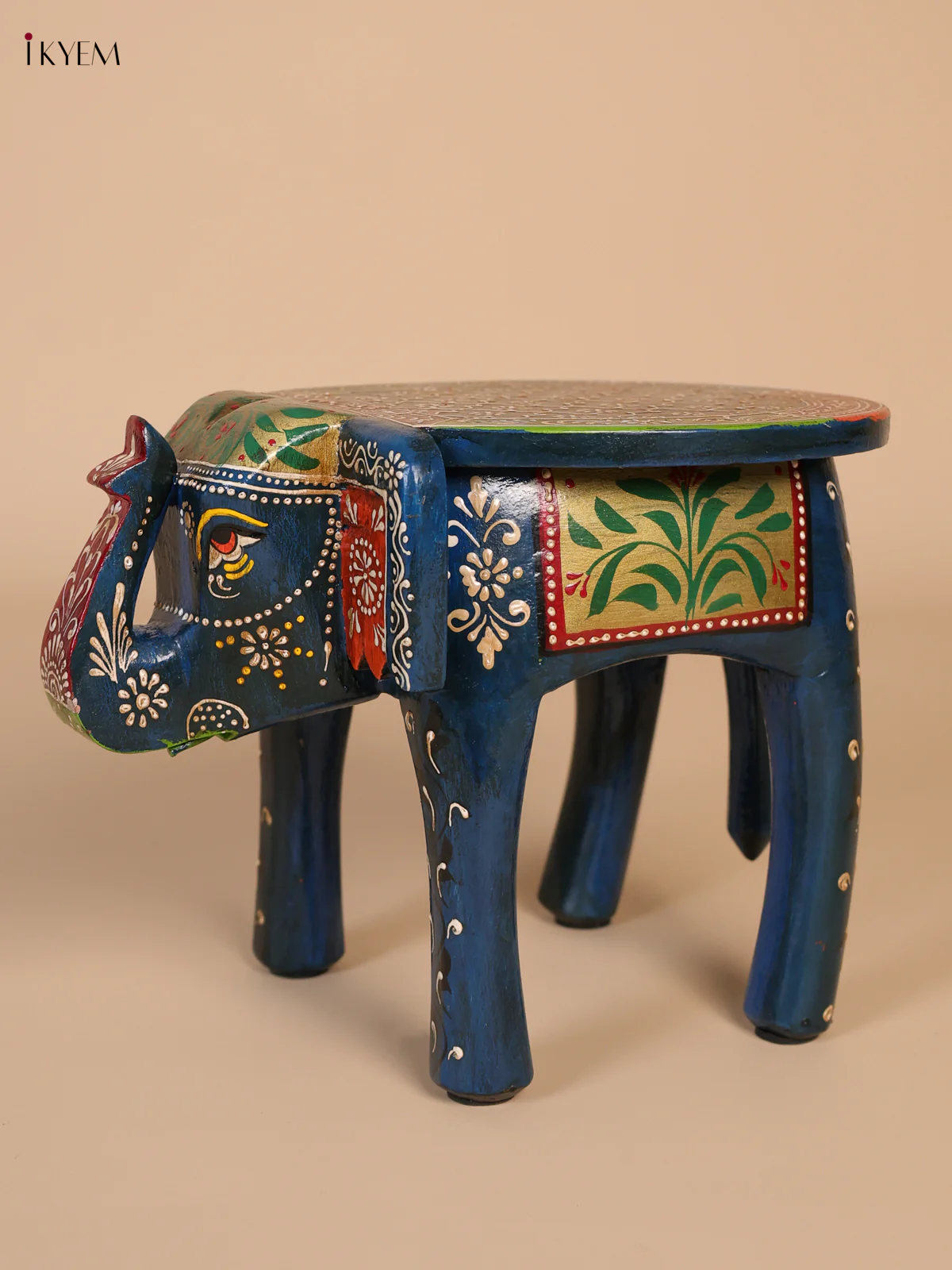 Wooden Handipainted Elephant Stool - 8 inch - Teal-KEE02014 - Image 4