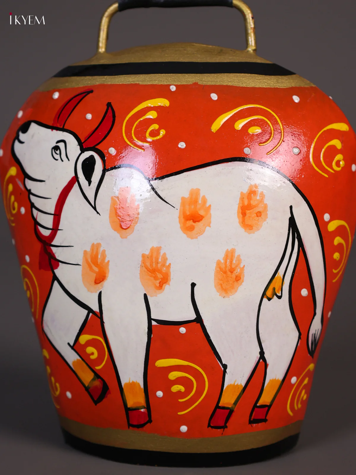 Hand Painted Cow Bell with Leather Handle Big - Cow Orange-KEE02031 - Image 2