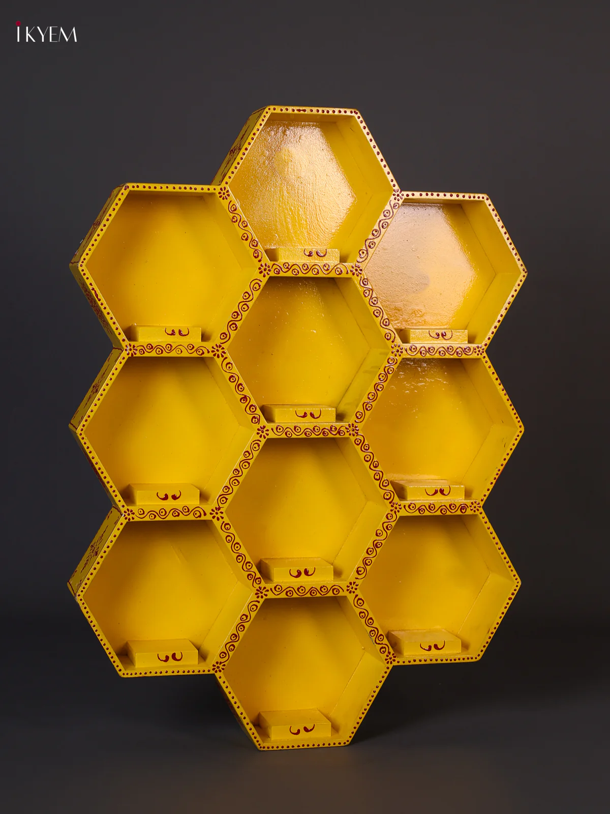 Wooden Handipainted Wall Shelf 10 Octagon boxes - Yellow-KEE02035 - Image 2