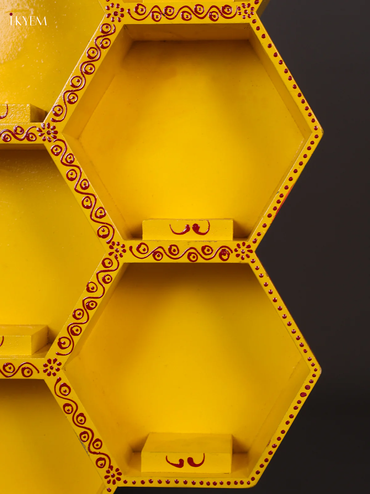 Wooden Handipainted Wall Shelf 10 Octagon boxes - Yellow-KEE02035 - Image 3