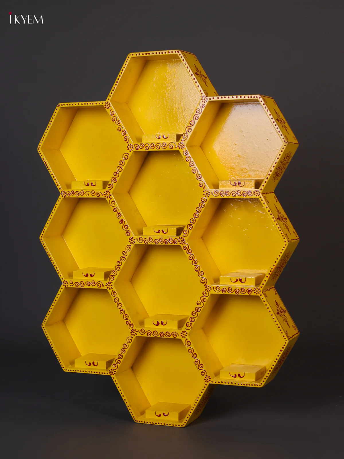 Wooden Handipainted Wall Shelf 10 Octagon boxes - Yellow-KEE02035 - Image 5