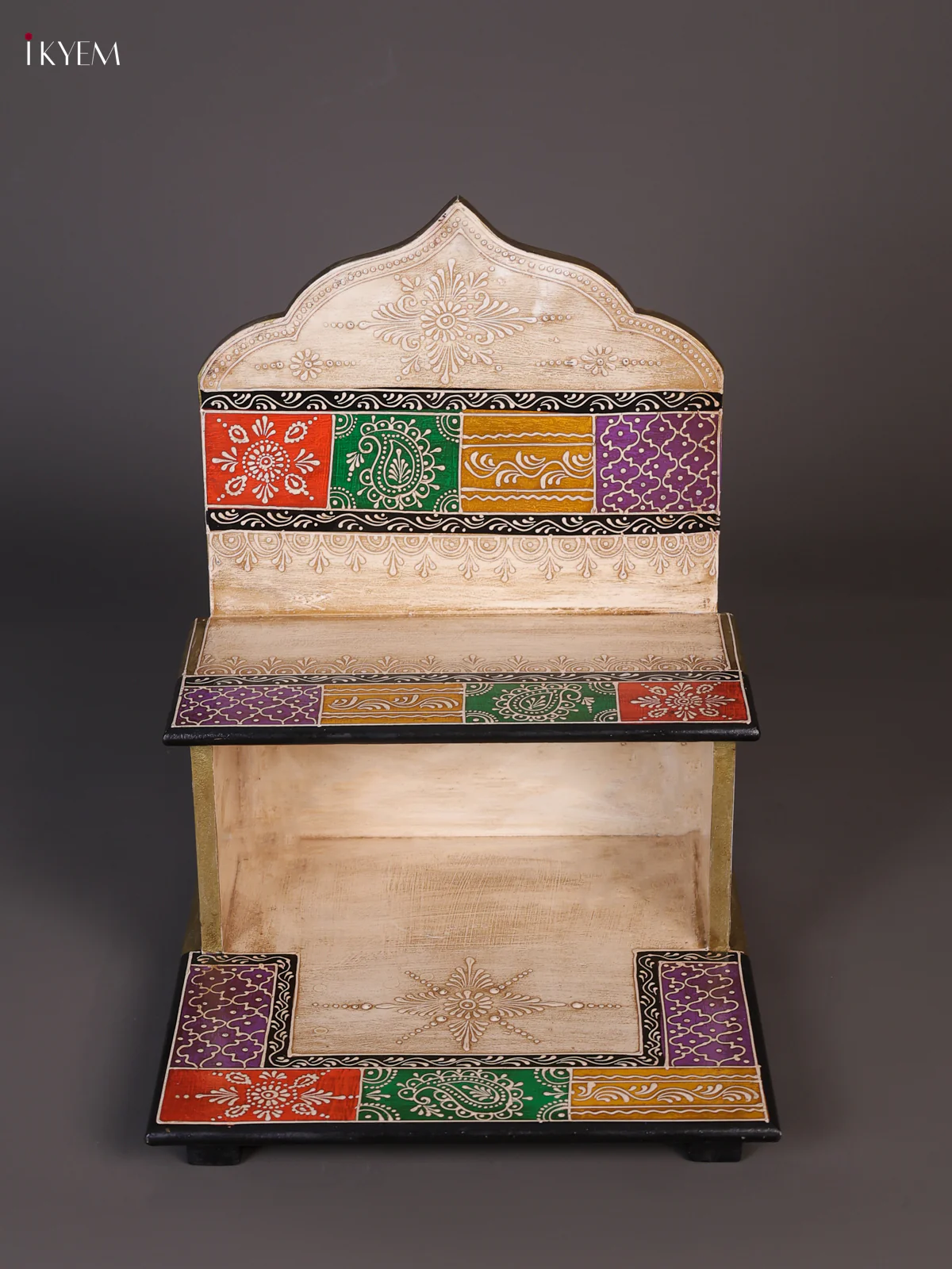 Hand-Painted Wooden 2-Step Golu Stand - Off white- 16 Inches-KEE02039