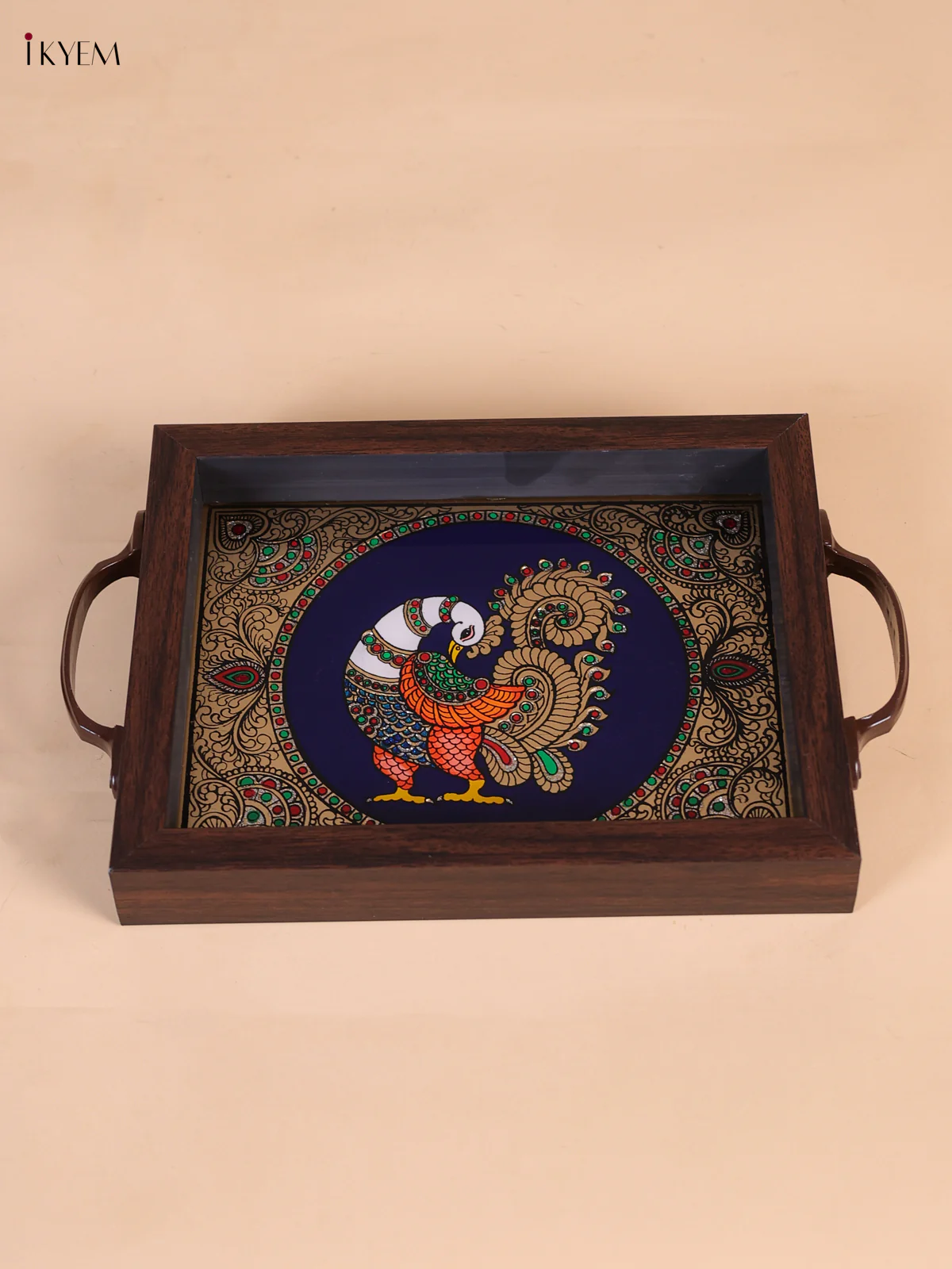 Reverse Glass Painted Tray (9x7) - Peacock - Blue-KEE05003