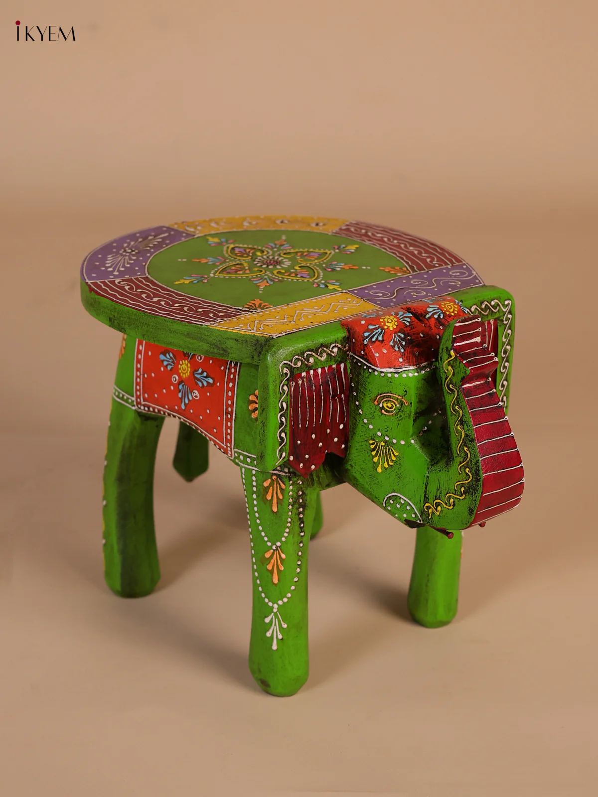 Hand-Painted Wooden Elephant Stool - Green - 8 Inches-KEE07005