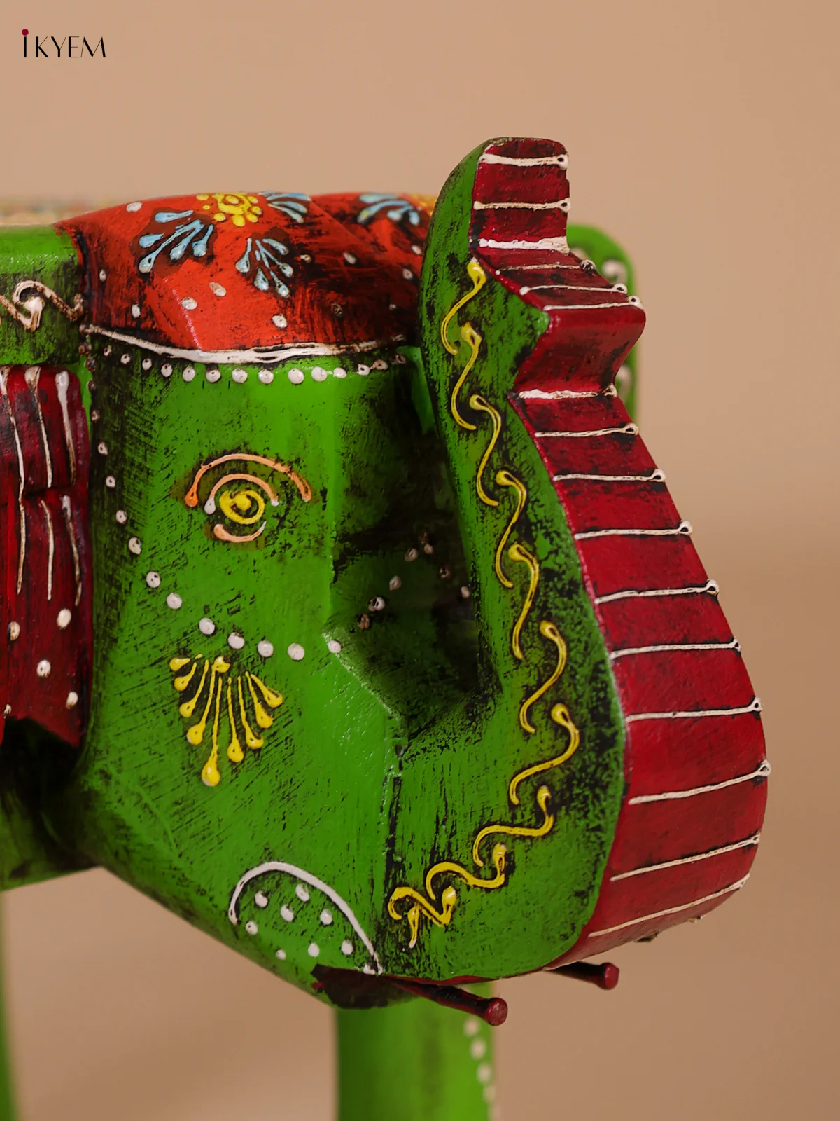 Hand-Painted Wooden Elephant Stool - Green - 8 Inches-KEE07005 - Image 2