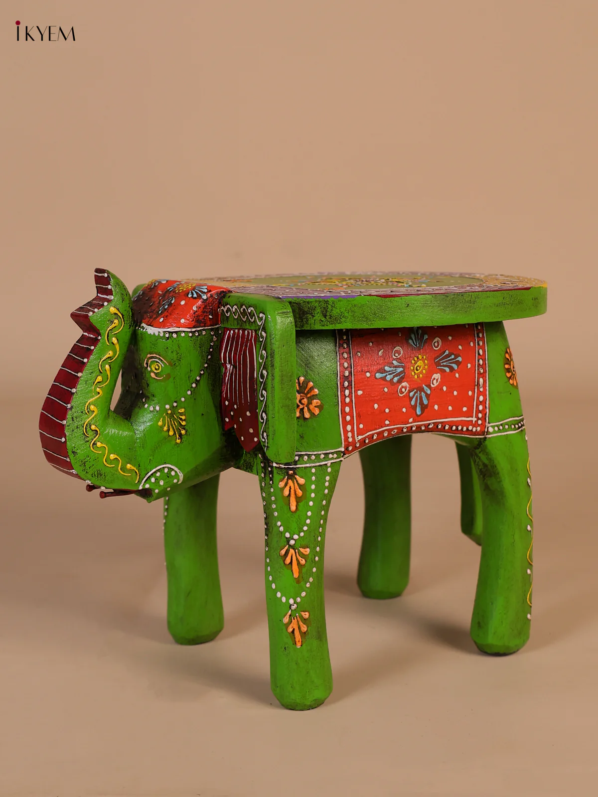 Hand-Painted Wooden Elephant Stool - Green - 8 Inches-KEE07005 - Image 4