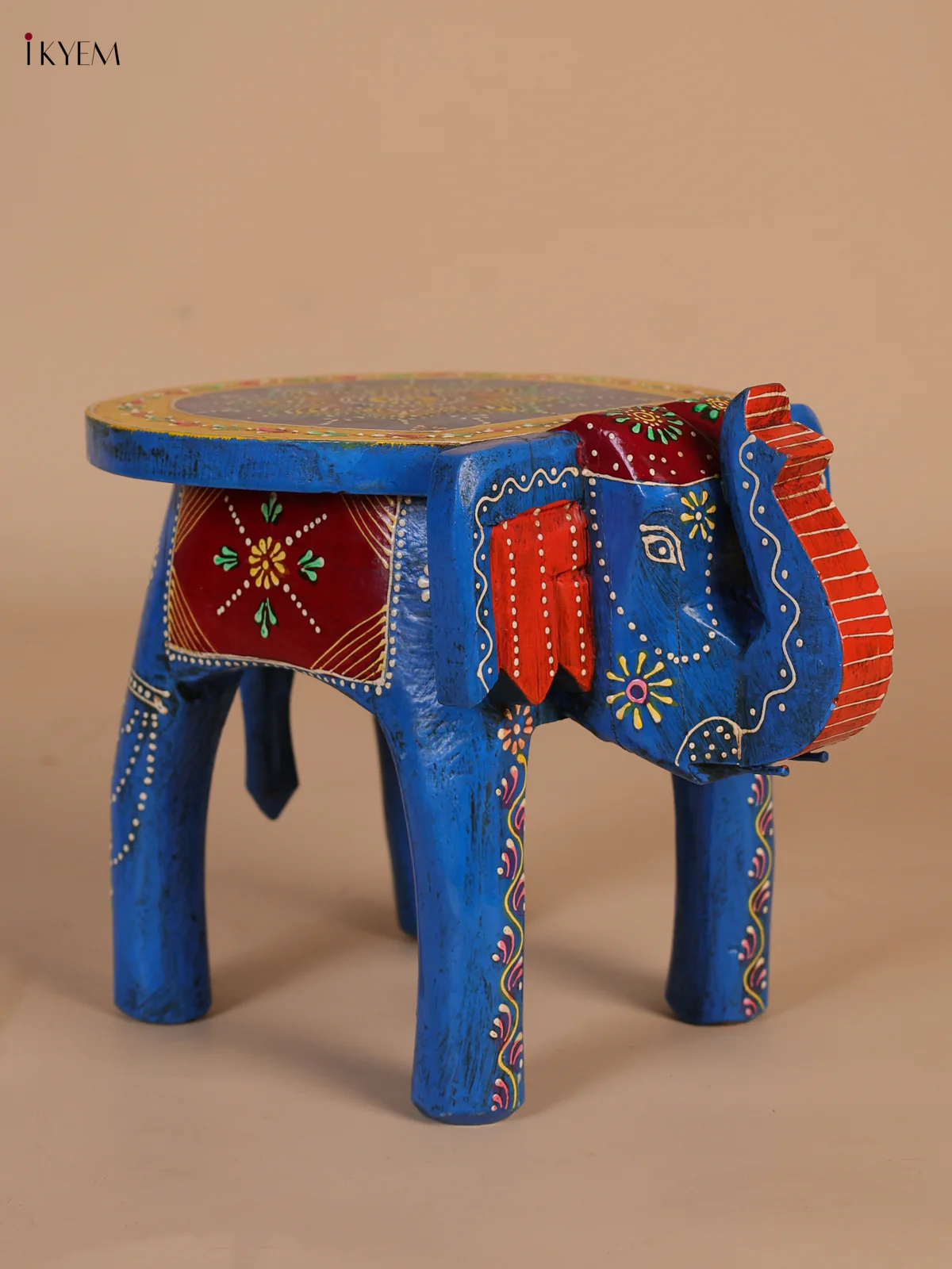 Hand-Painted Wooden Elephant Stool - Blue - 8 Inches-KEE07006 - Image 4