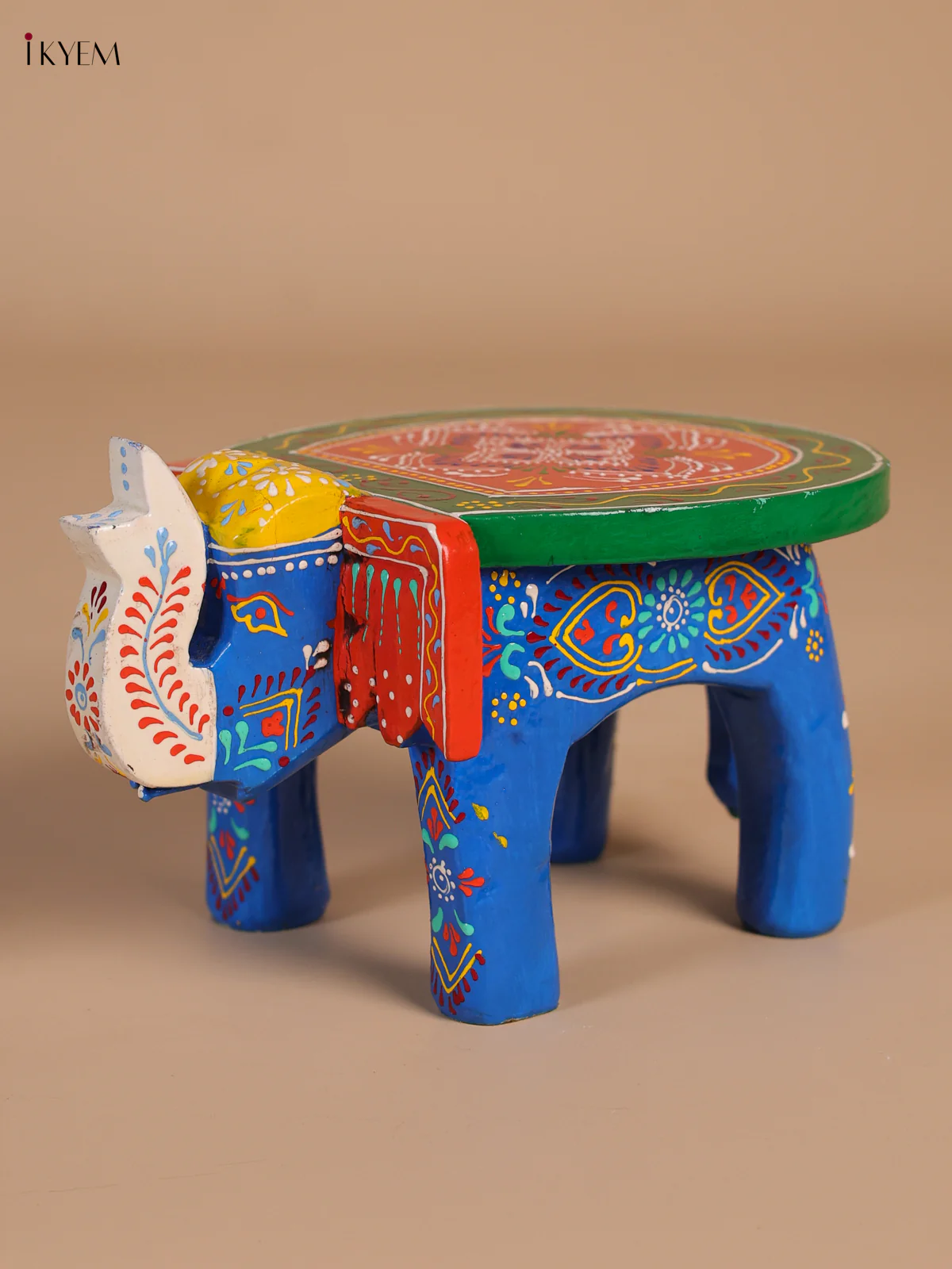 Wooden Hand-Painted Elephant Stool - Blue - 4 Inches-KEE07007