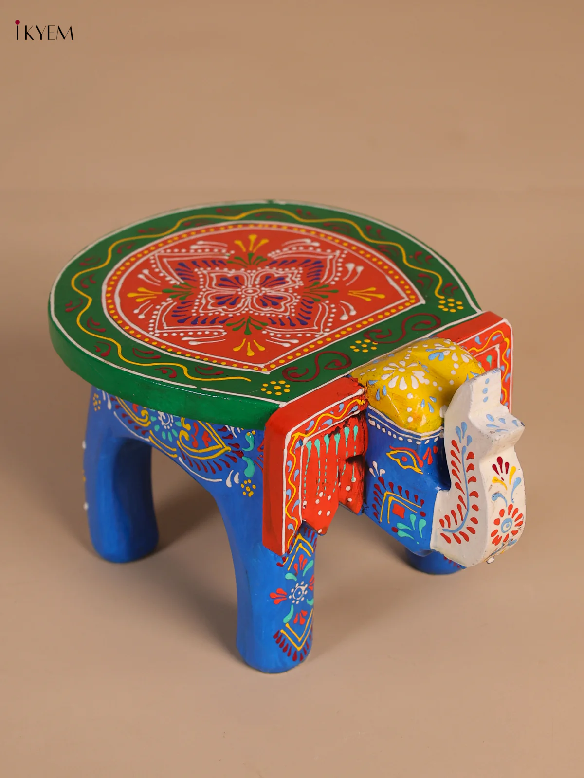 Wooden Hand-Painted Elephant Stool - Blue - 4 Inches-KEE07007 - Image 4