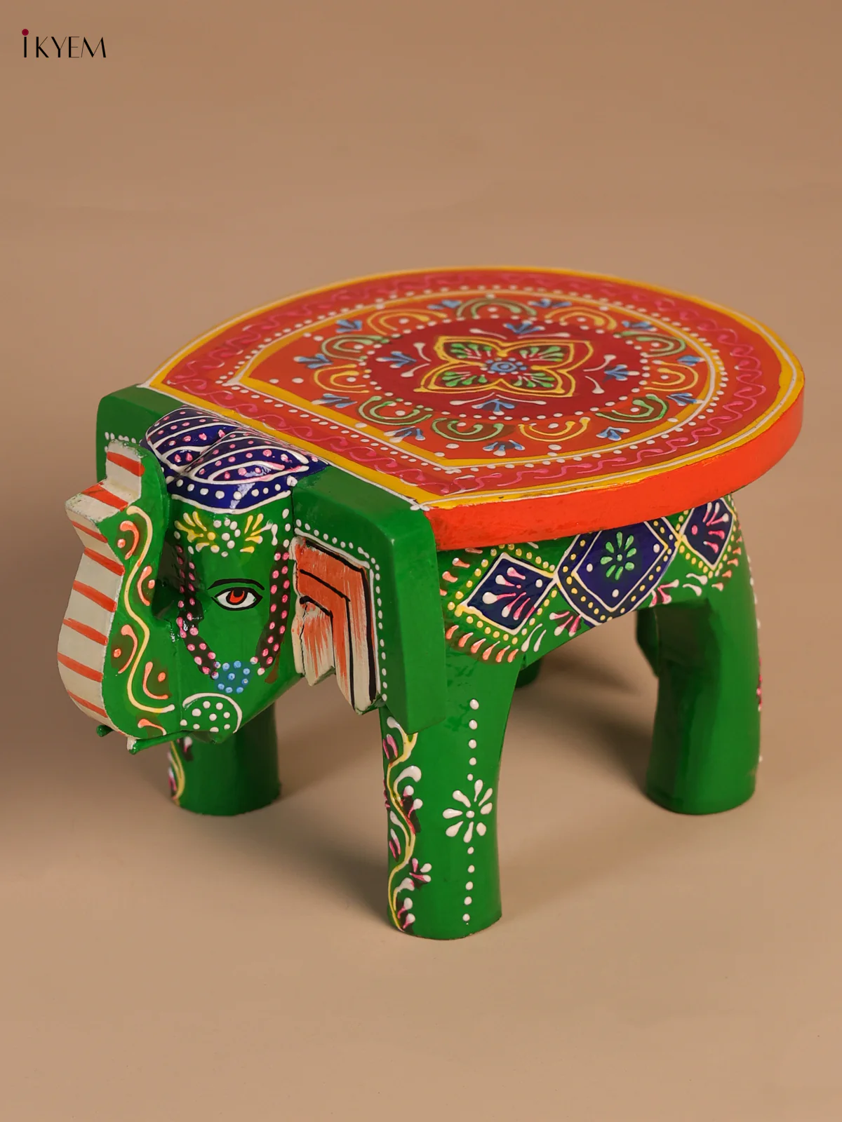 Wooden Hand-Painted Elephant Stool - Green - 4 Inches-KEE07008