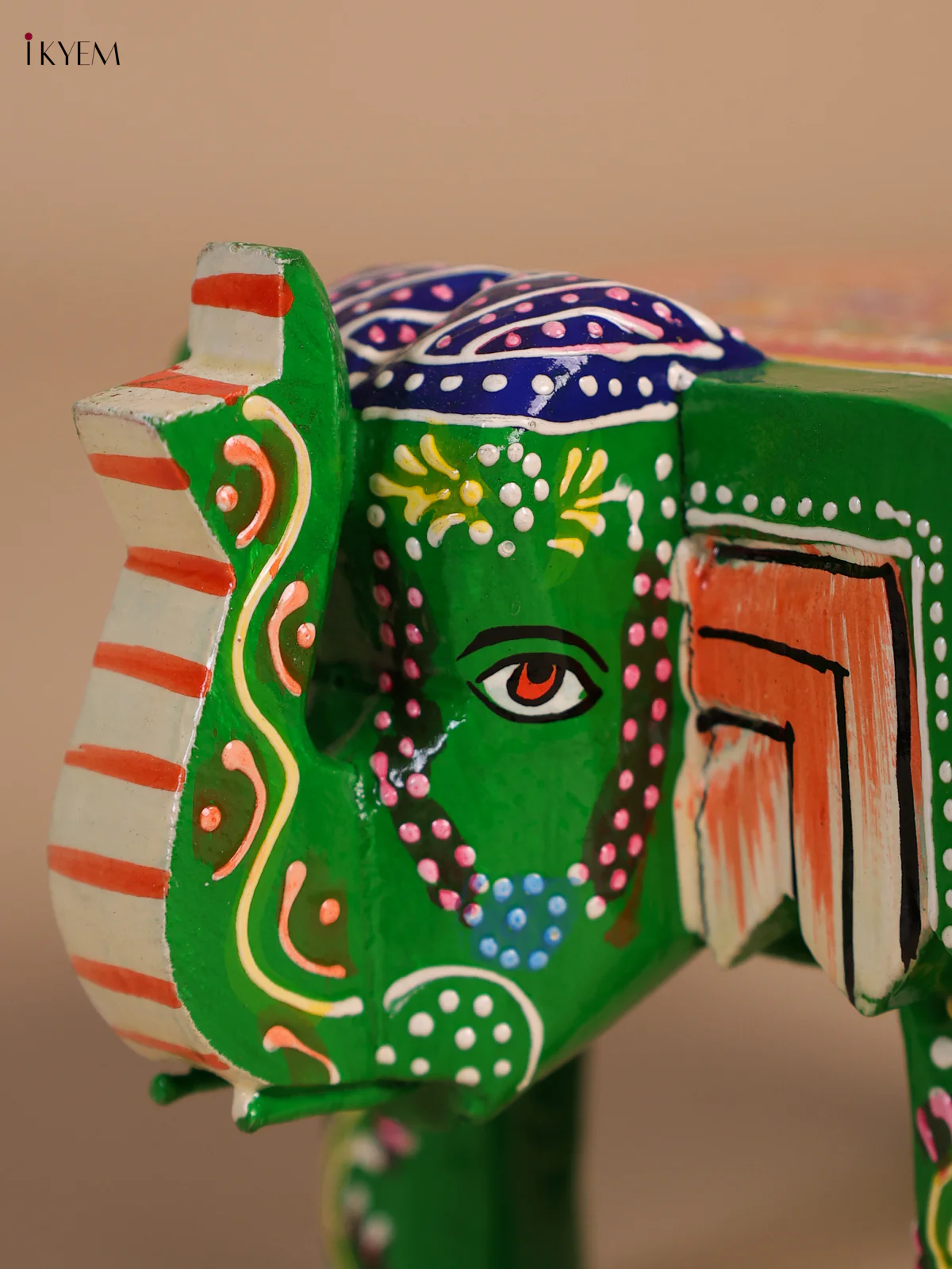 Wooden Hand-Painted Elephant Stool - Green - 4 Inches-KEE07008 - Image 2