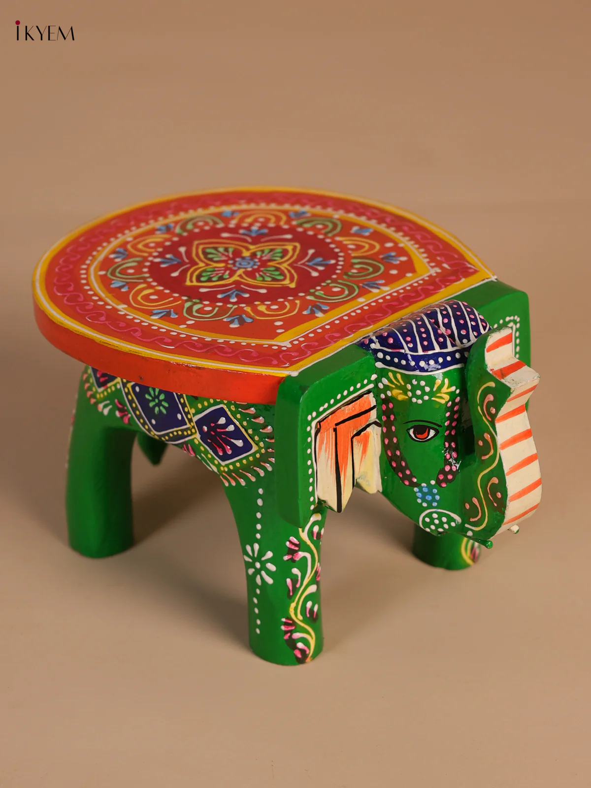 Wooden Hand-Painted Elephant Stool - Green - 4 Inches-KEE07008 - Image 4