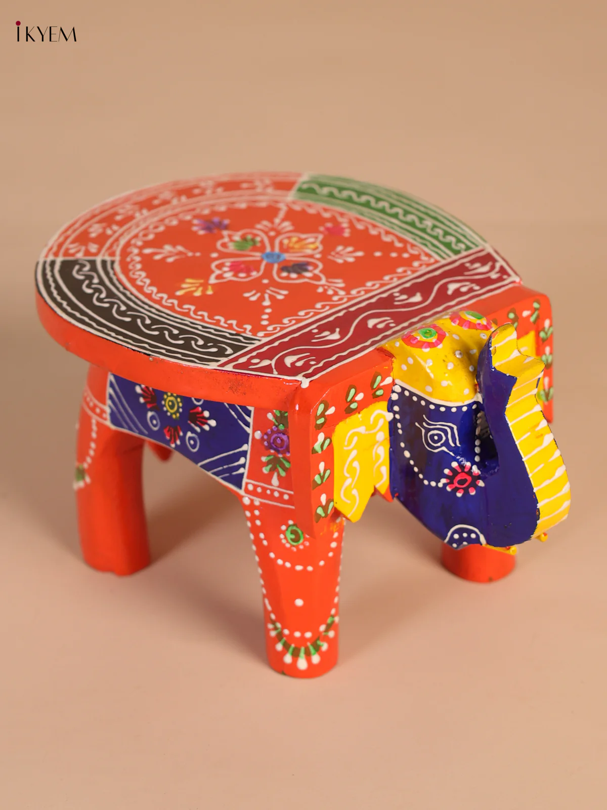 Wooden Hand-Painted Elephant Stool - Orange - 4 Inches-KEE07009