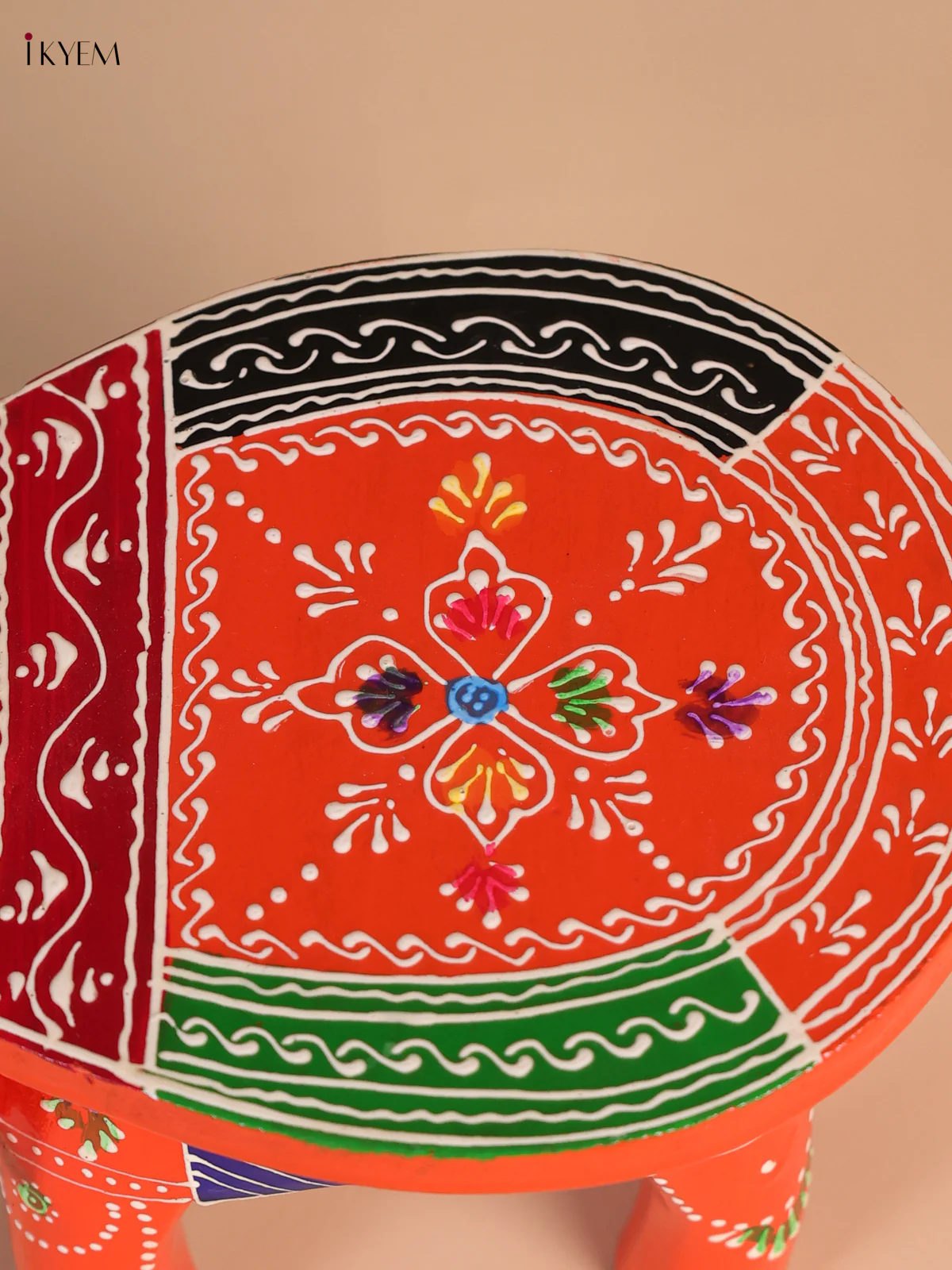 Wooden Hand-Painted Elephant Stool - Orange - 4 Inches-KEE07009 - Image 3