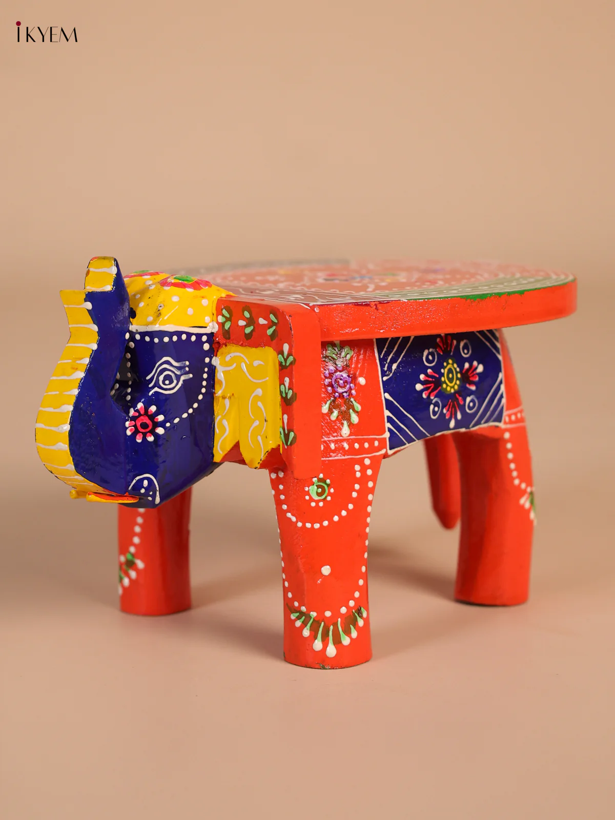 Wooden Hand-Painted Elephant Stool - Orange - 4 Inches-KEE07009 - Image 4