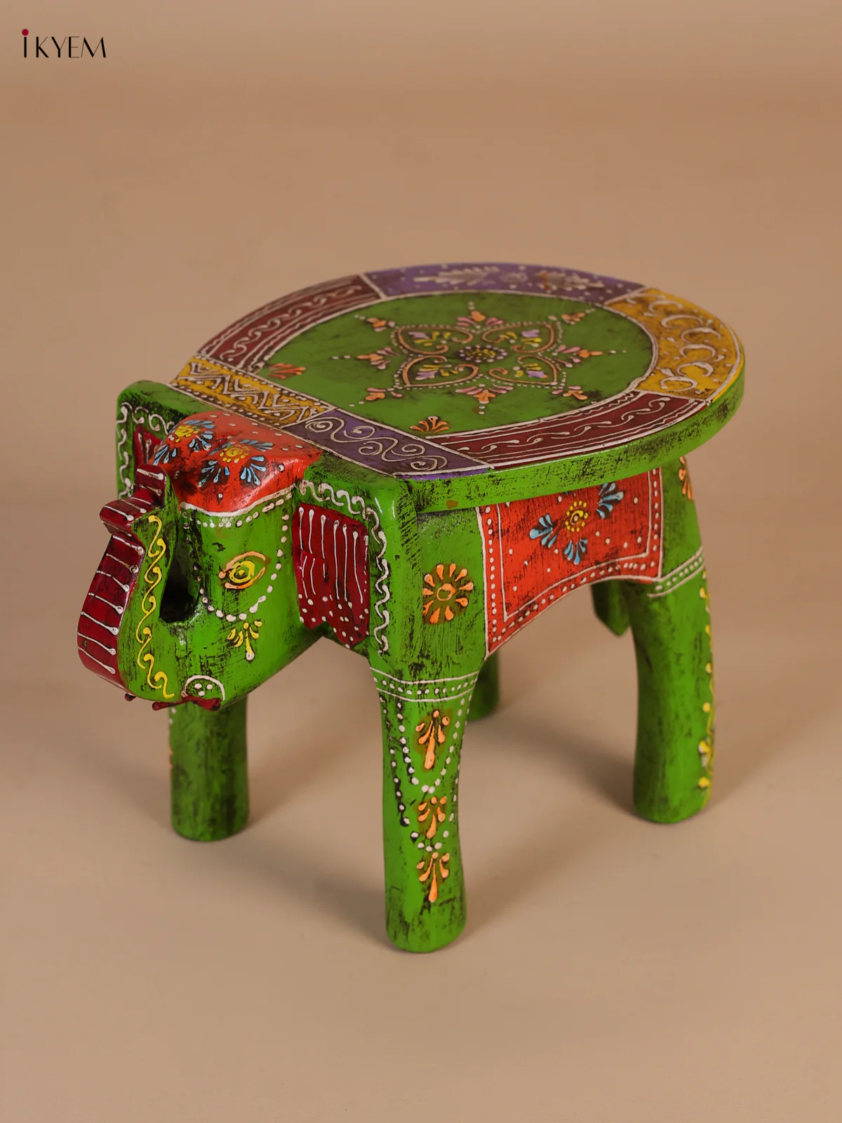 Hand-Painted Wooden Elephant Stool - Green- 6 inches-KEE07010