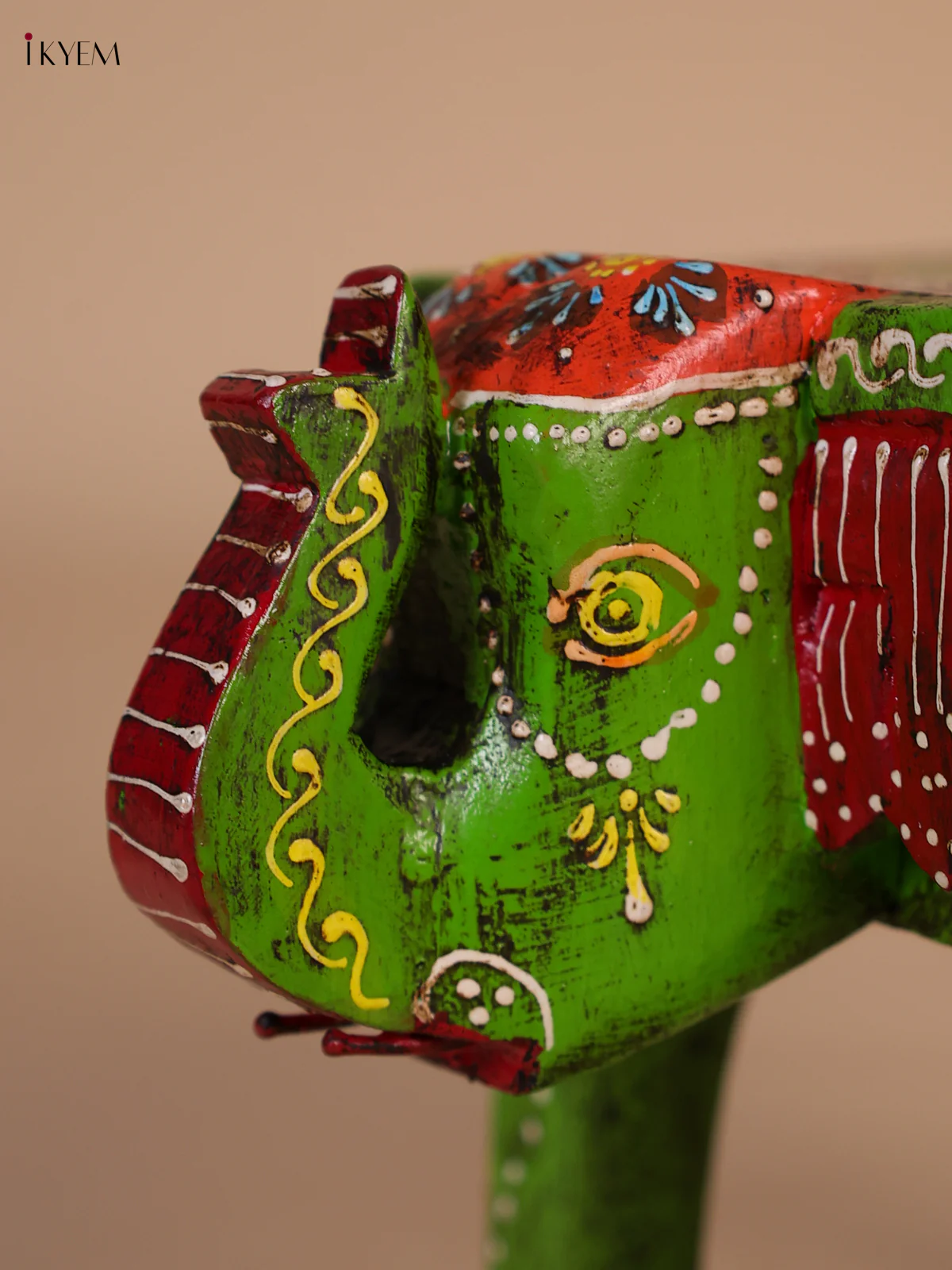 Hand-Painted Wooden Elephant Stool - Green- 6 inches-KEE07010 - Image 2