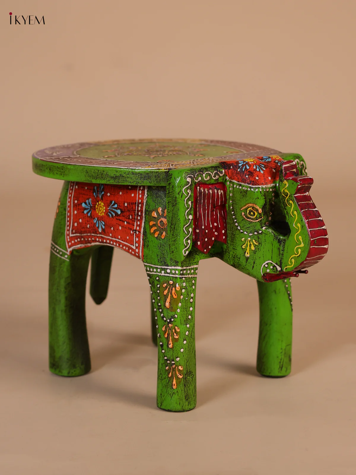 Hand-Painted Wooden Elephant Stool - Green- 6 inches-KEE07010 - Image 3