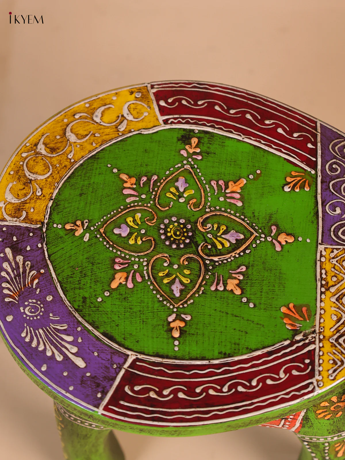 Hand-Painted Wooden Elephant Stool - Green- 6 inches-KEE07010 - Image 4