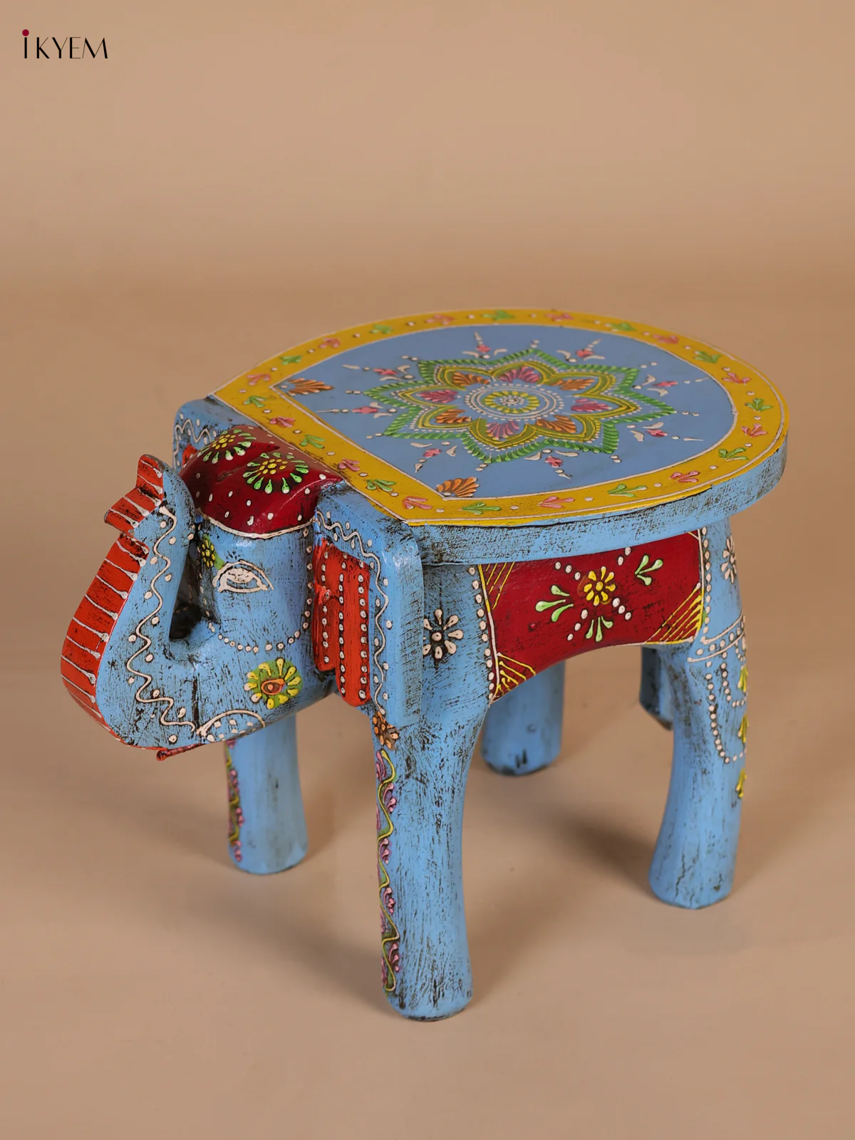 Hand-Painted Wooden Elephant Stool - Sky Blue - 8 Inches-KEE07013
