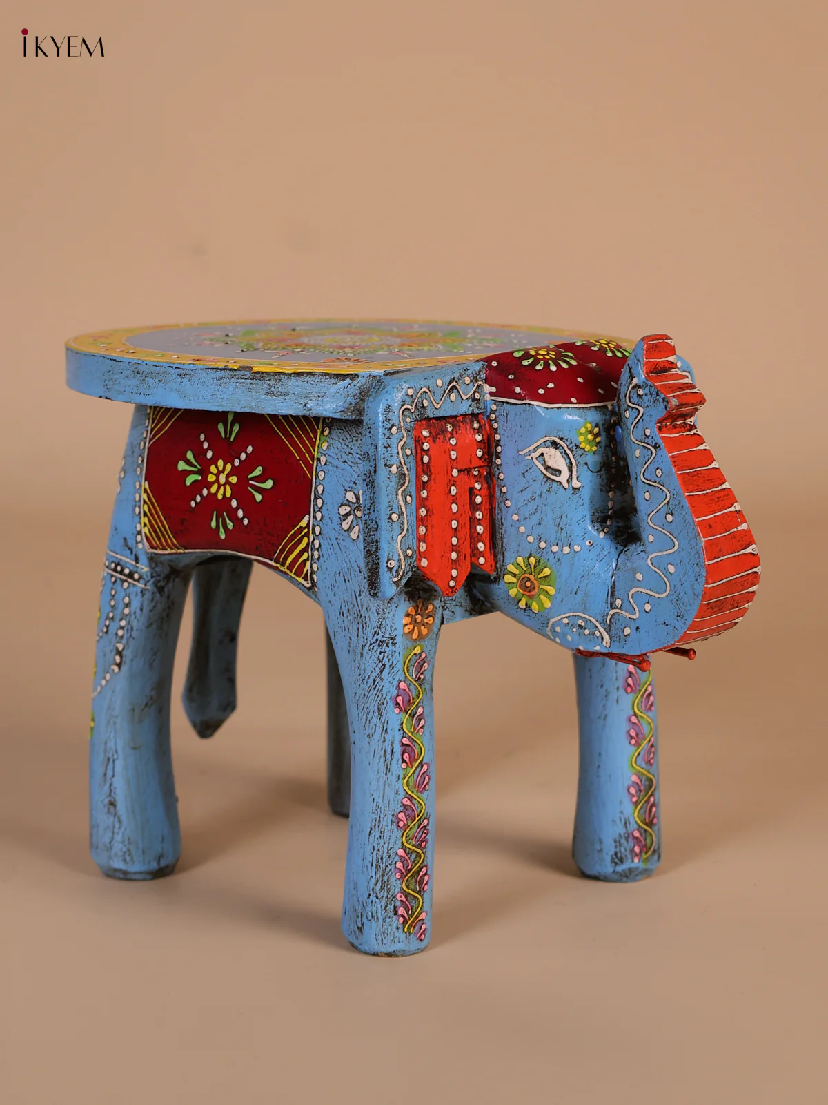 Hand-Painted Wooden Elephant Stool - Sky Blue - 8 Inches-KEE07013 - Image 4