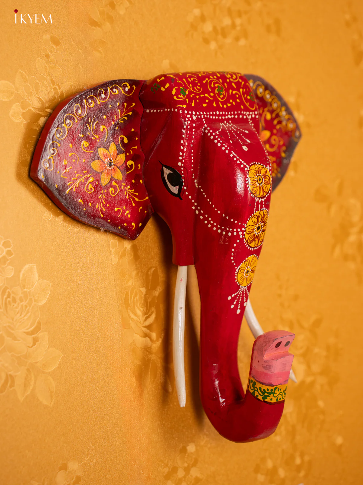 Wooden Hand Painted Elephant Head Red - KF03148 - Image 2