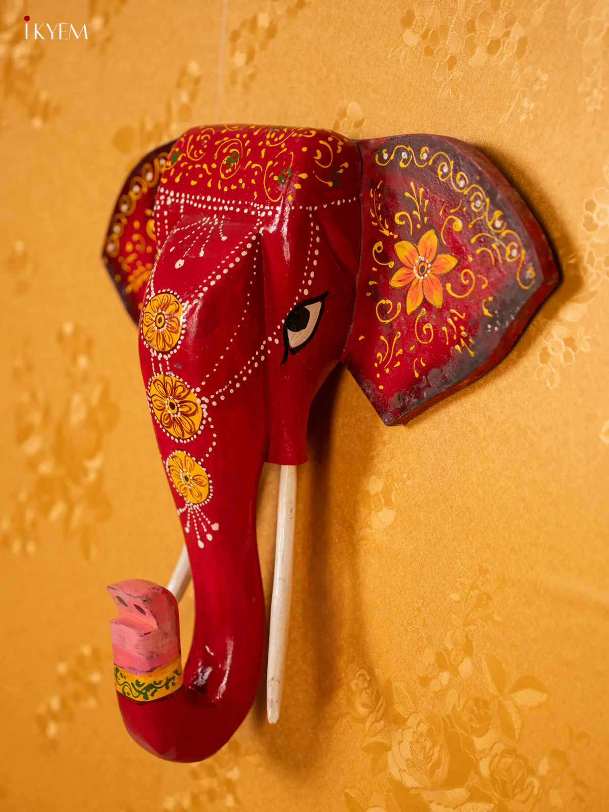 Wooden Hand Painted Elephant Head Red - KF03148 - Image 3