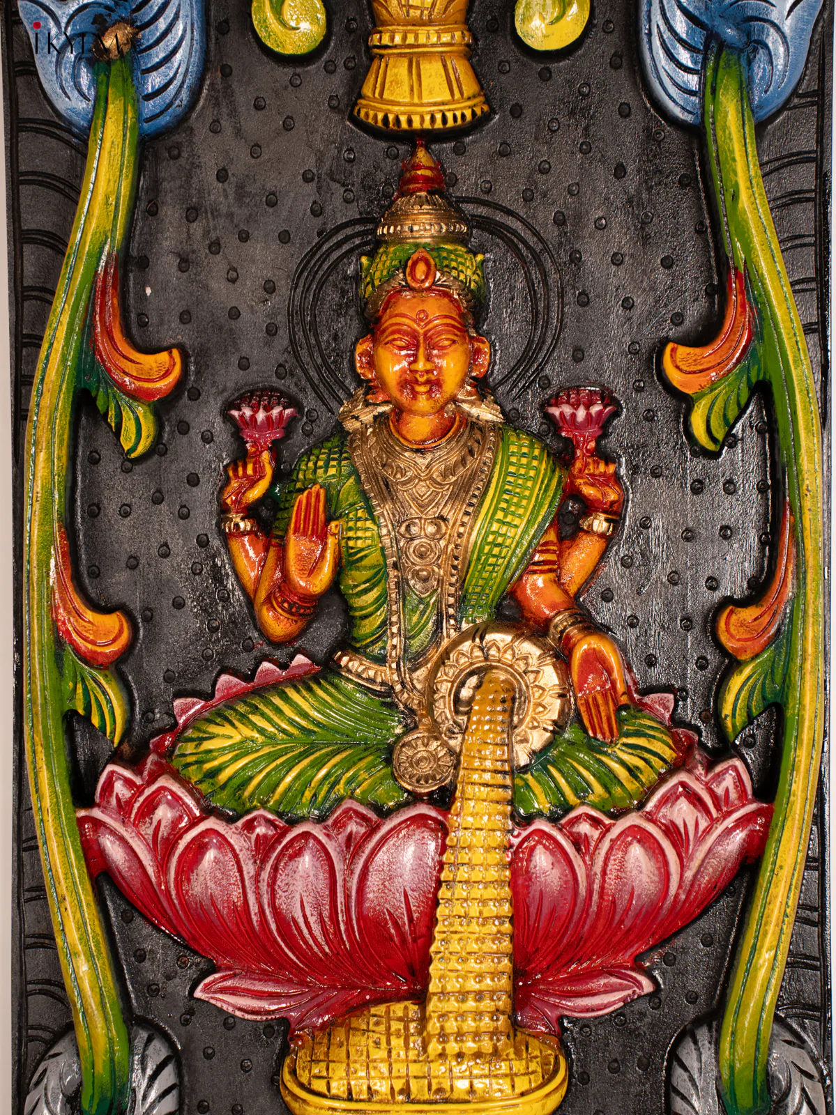 Wooden Hand Painted Dhanalakshmi with Elephant - Panel - Green - KF03151 - Image 2
