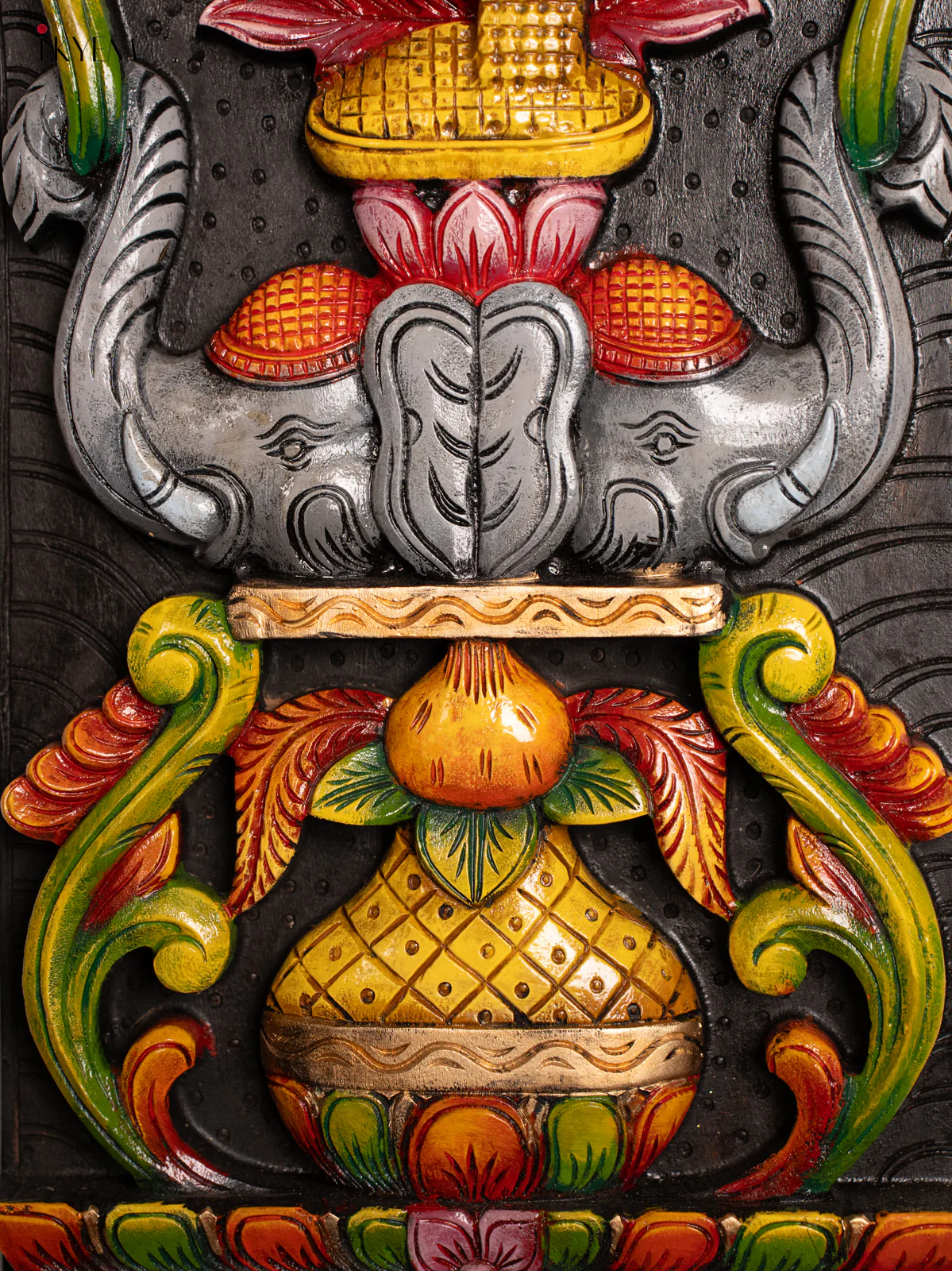 Wooden Hand Painted Dhanalakshmi with Elephant - Panel - Green - KF03151 - Image 3