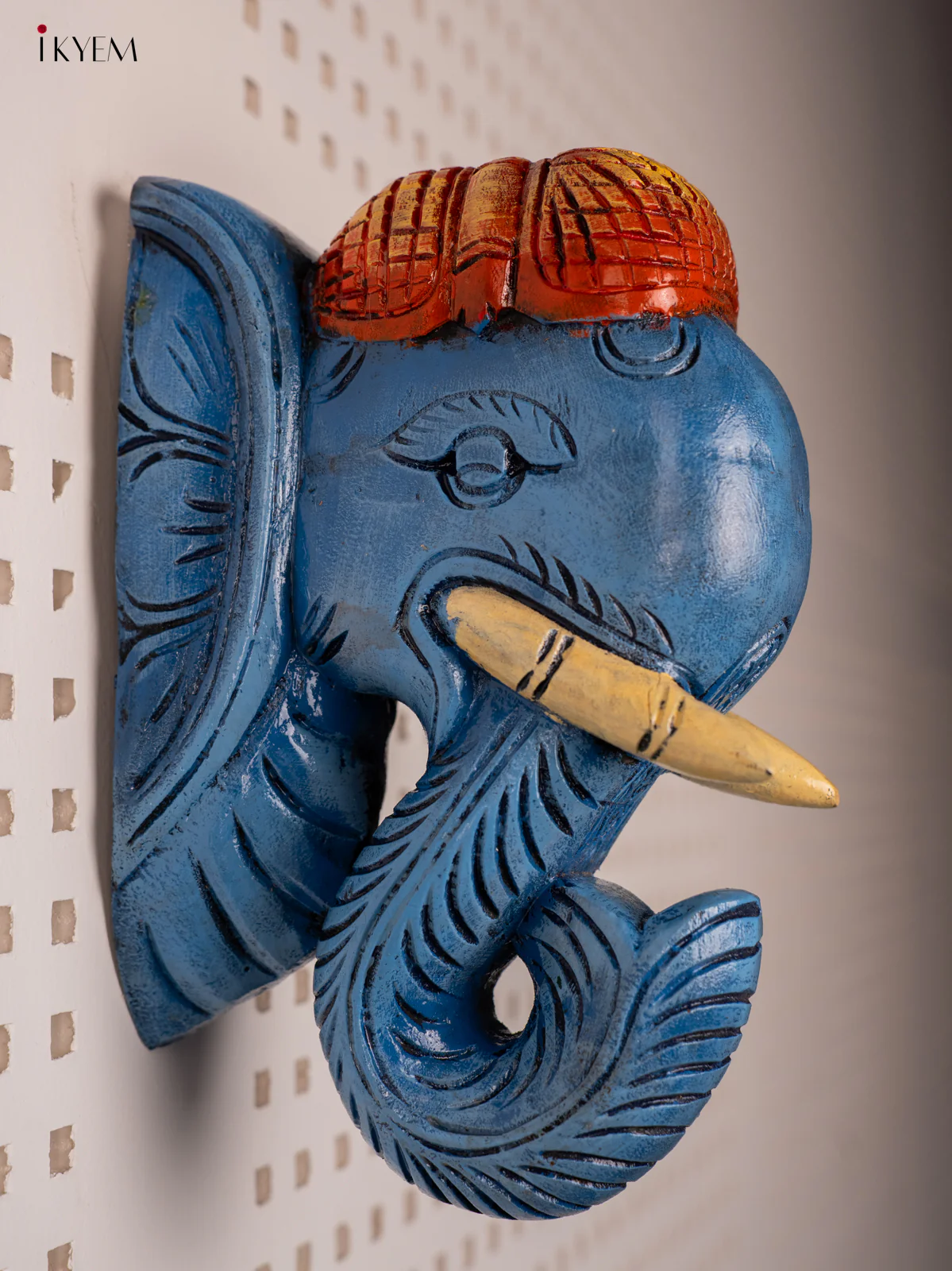 Wooden Hand Painted Carved Elephant Head - Wall Bracket - set of 2 - Blue - KF03154 - Image 3