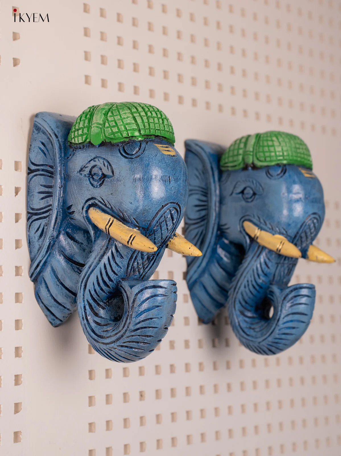 Wooden Hand Painted Carved Elephant Head - Wall Bracket - set of 2 - Blue - KF03154 - Image 5