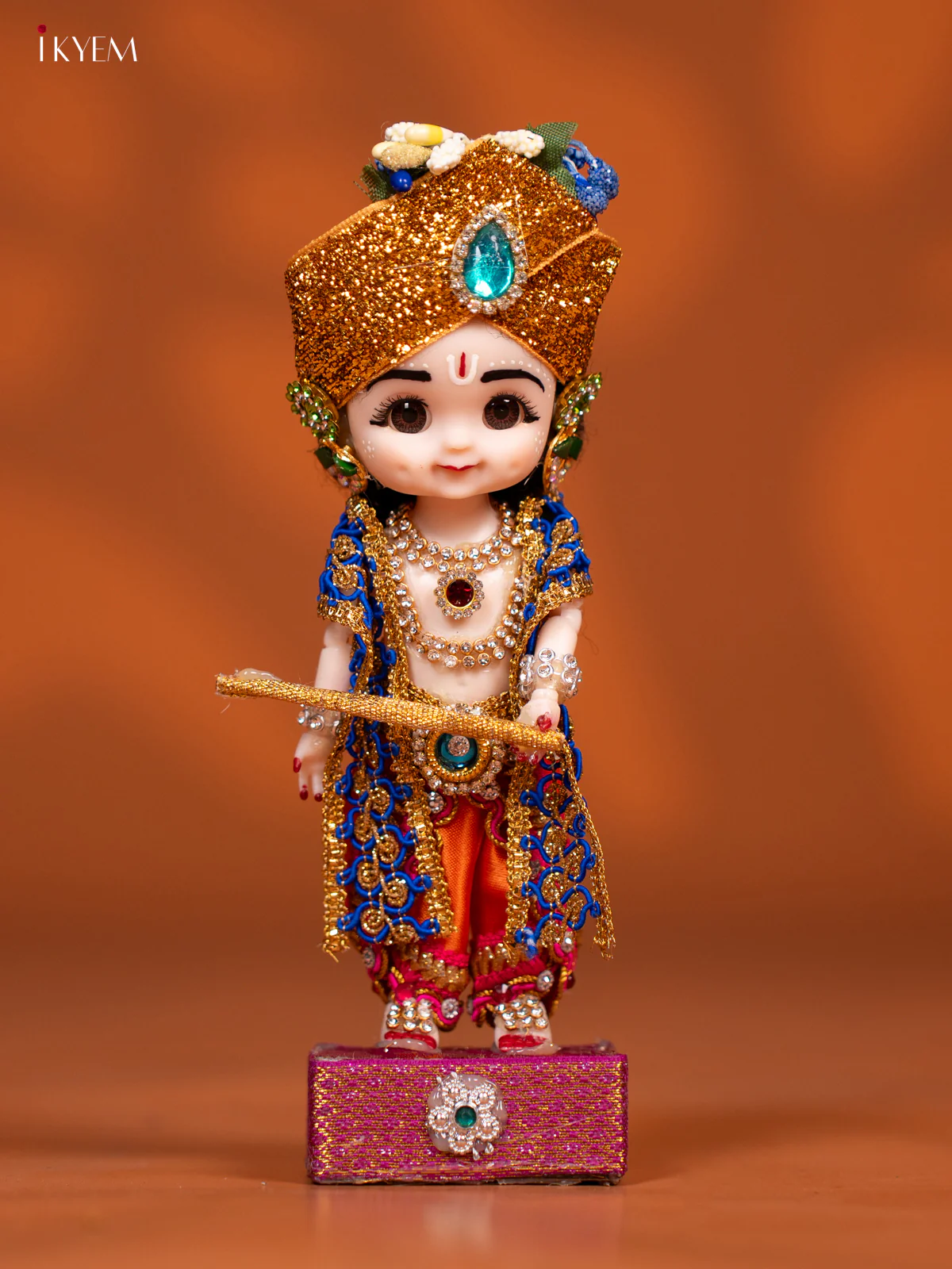 Baby Krishna with Flute - Golu Display Doll - Blue & Orange - KF04149