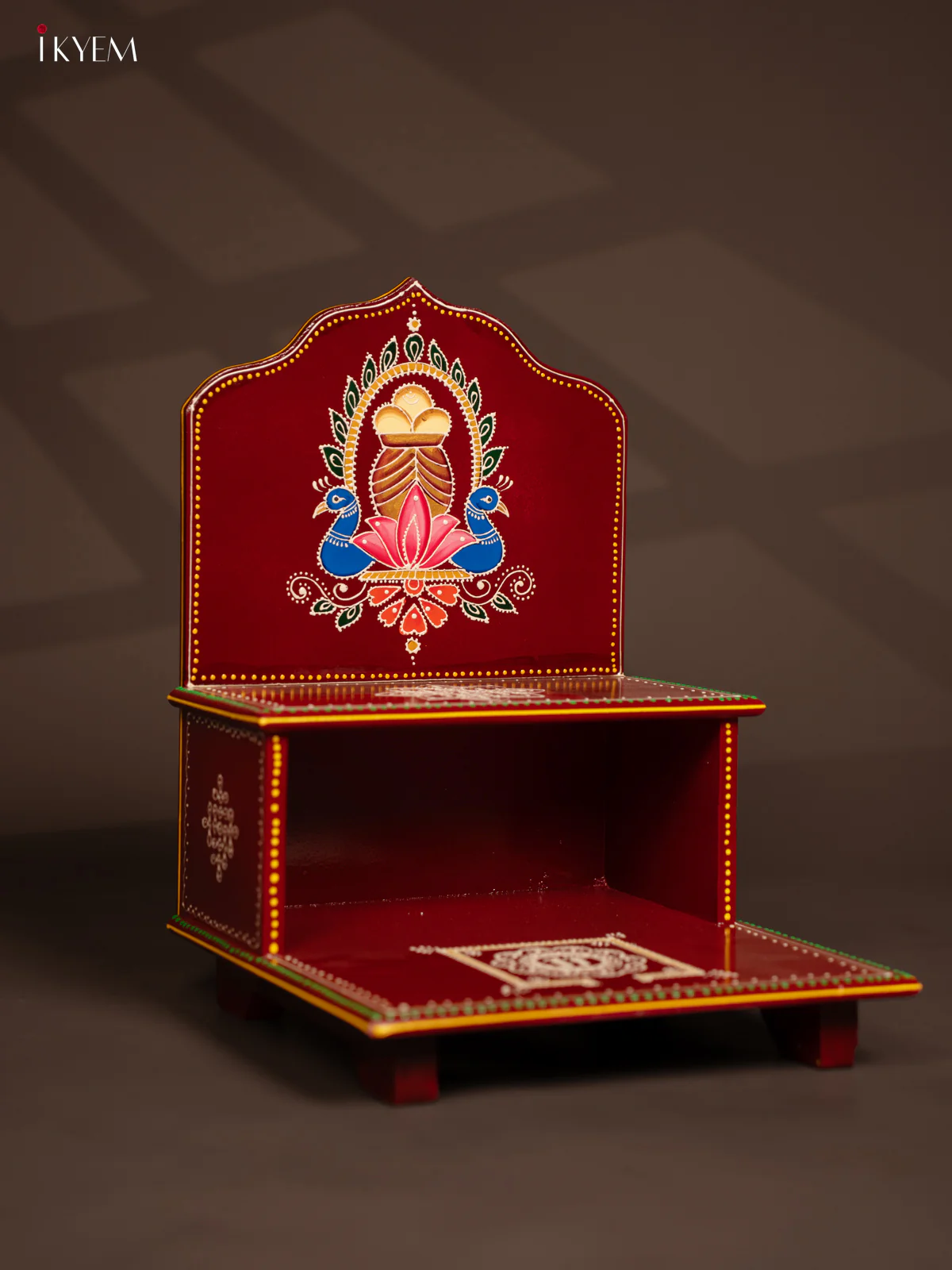 Wooden Hand Painted Pooja Stand - Maroonish Red - KF07127