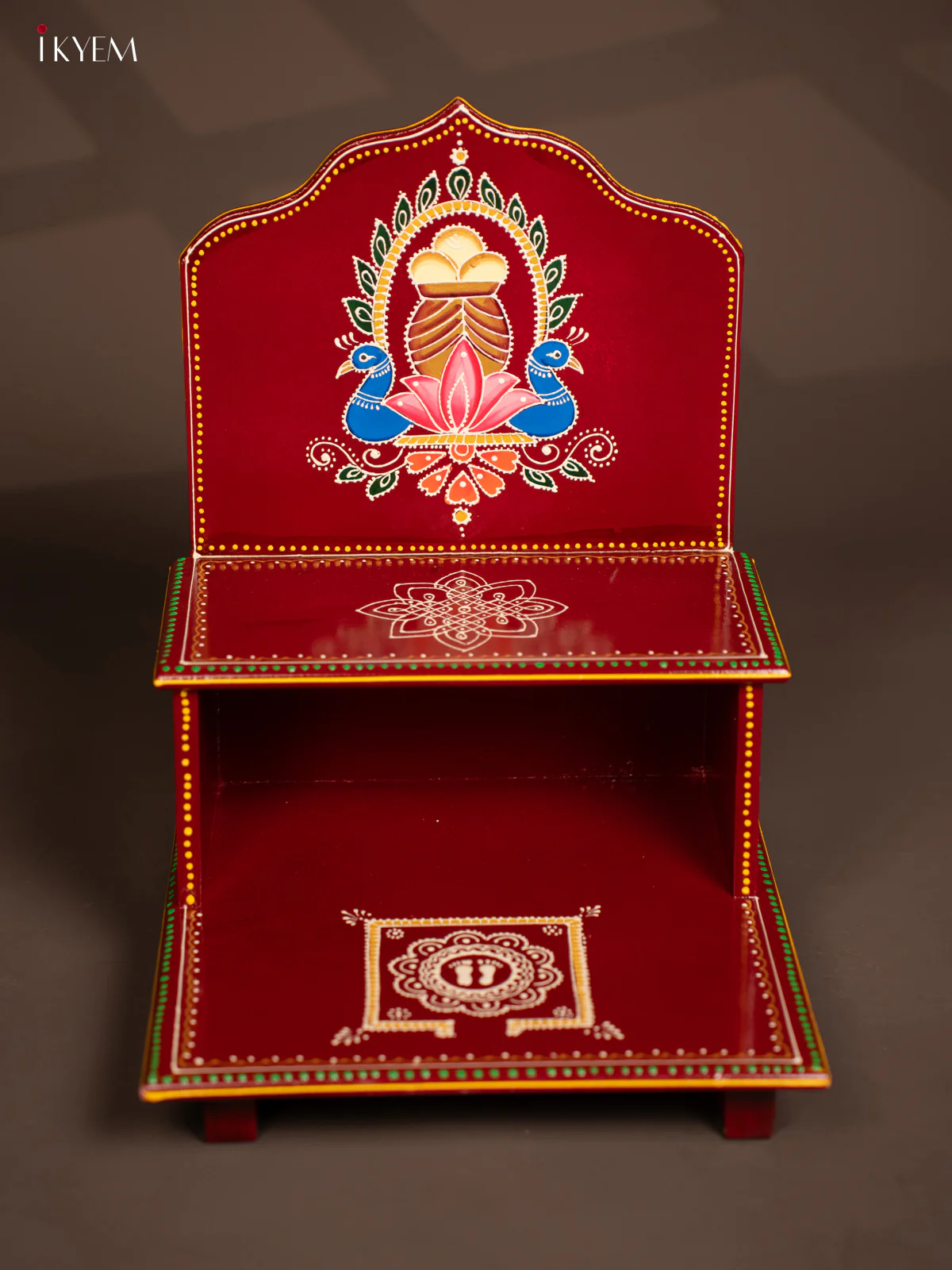 Wooden Hand Painted Pooja Stand - Maroonish Red - KF07127 - Image 4