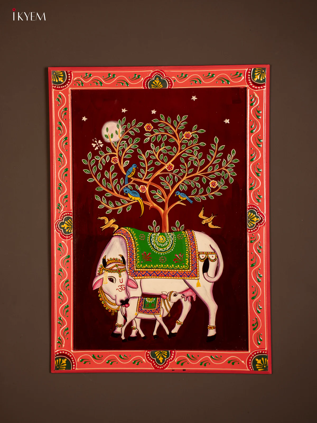 Wooden Hand Painted Wall Hanging Frame Cow & Calf - Maroon - KF07134