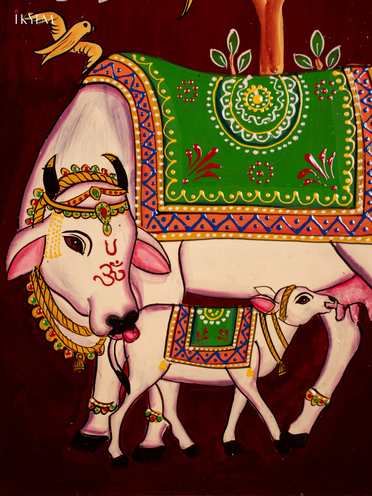 Wooden Hand Painted Wall Hanging Frame Cow & Calf - Maroon - KF07134 - Image 3