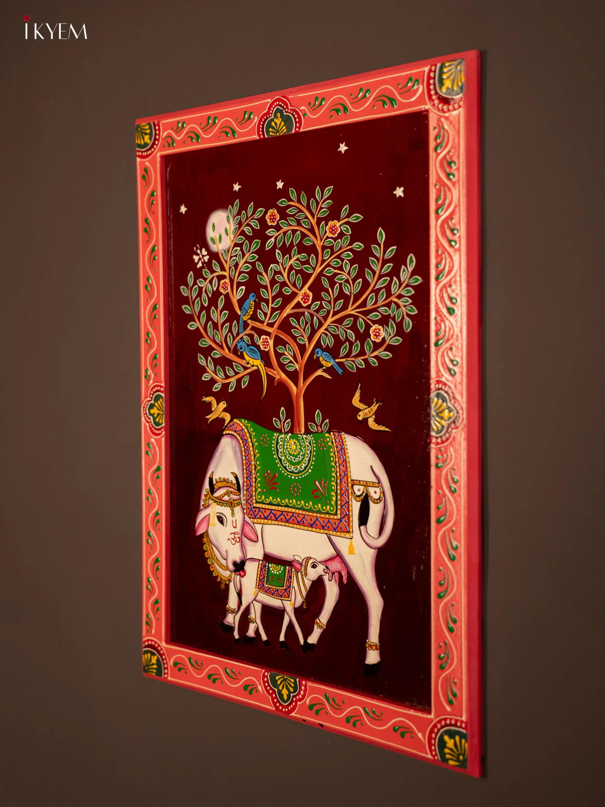 Wooden Hand Painted Wall Hanging Frame Cow & Calf - Maroon - KF07134 - Image 4