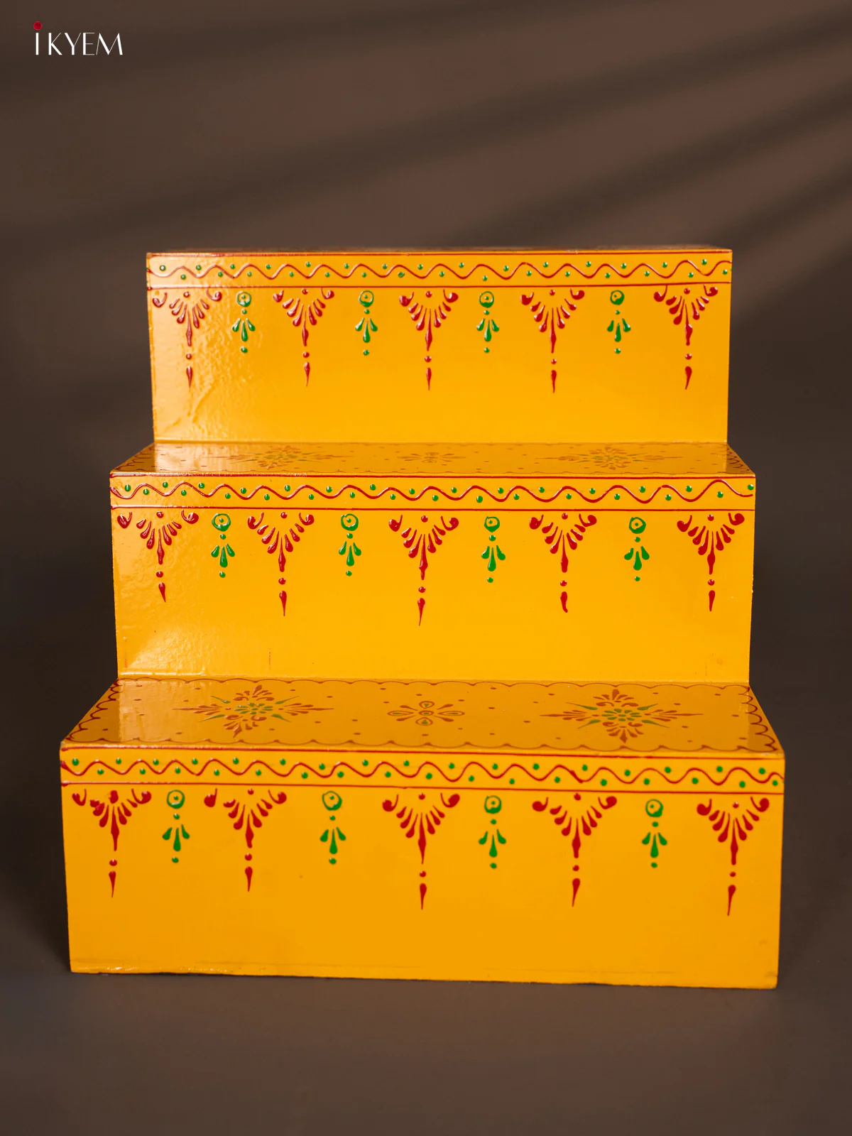 WOODEN HAND PAINTED 3-STEP GOLU PADI - YELLOW - FLOWER - KF11179