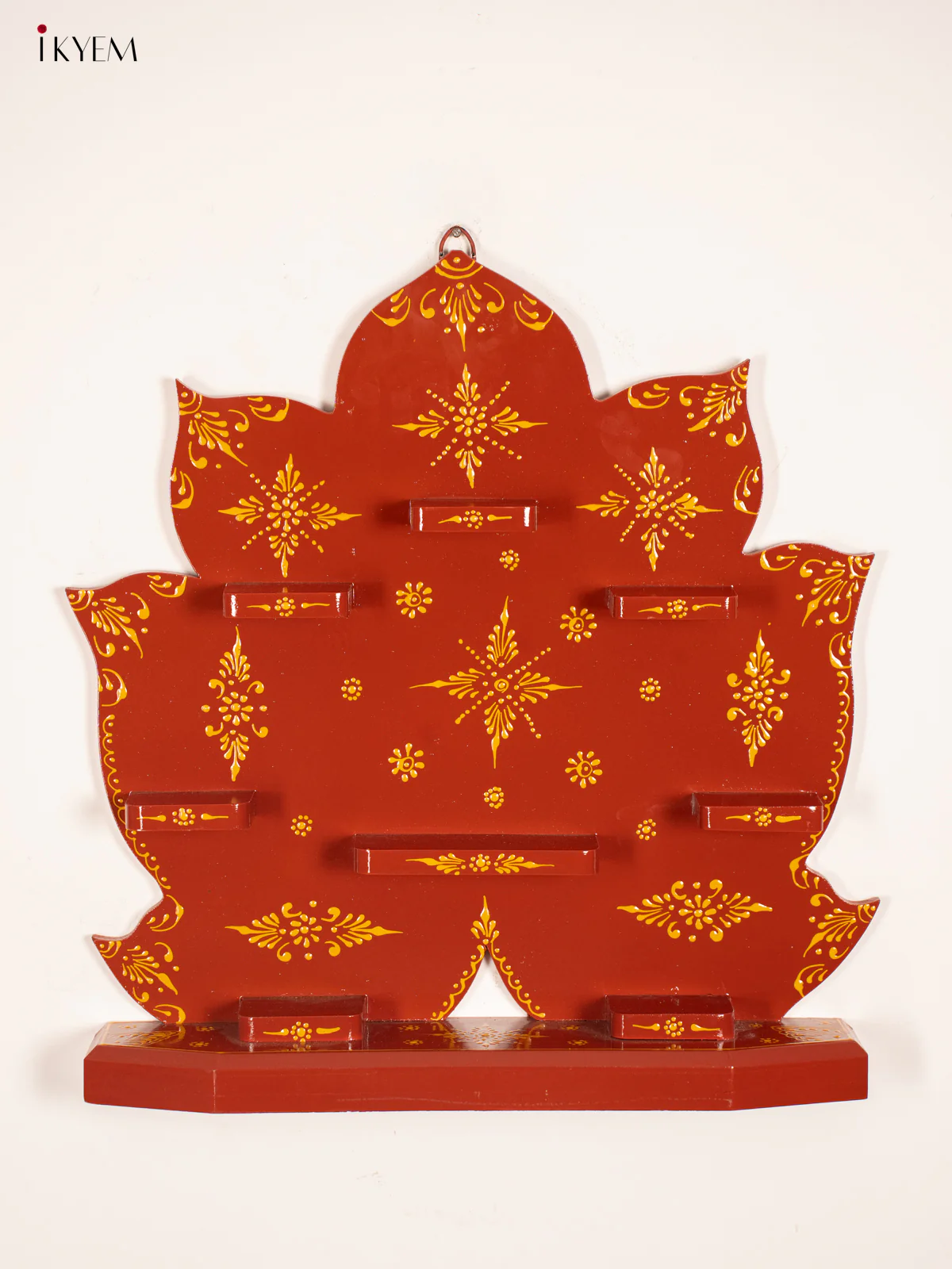 Lotus Wooden Hand Painted Wall Shelf - Maroon- 20 Inches - KF11188