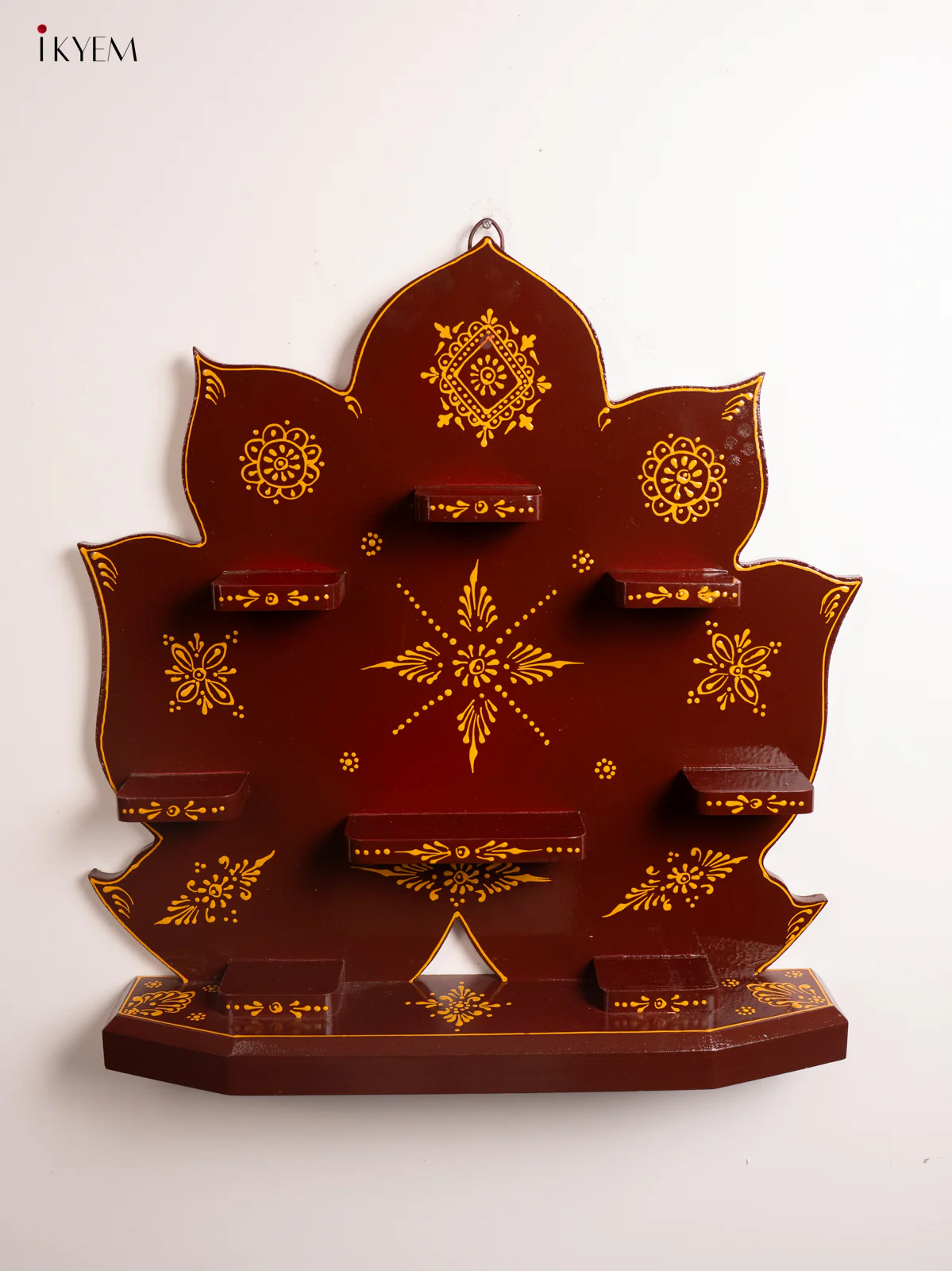 Lotus Wooden Hand Painted Wall Shelf - Brown - 20 Inches - KF11189