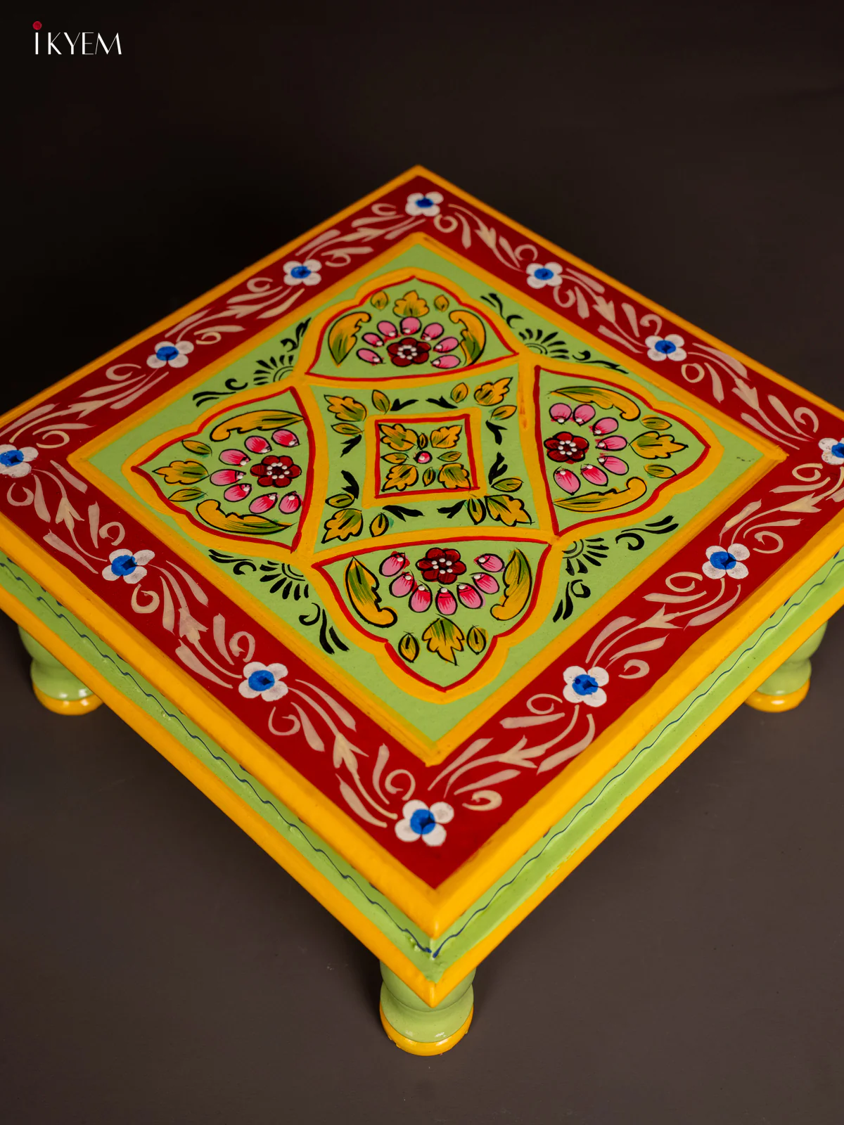 Wooden Hand Painted Manai - Green With Floral- 12x12 Inches -KF11194 - Image 2
