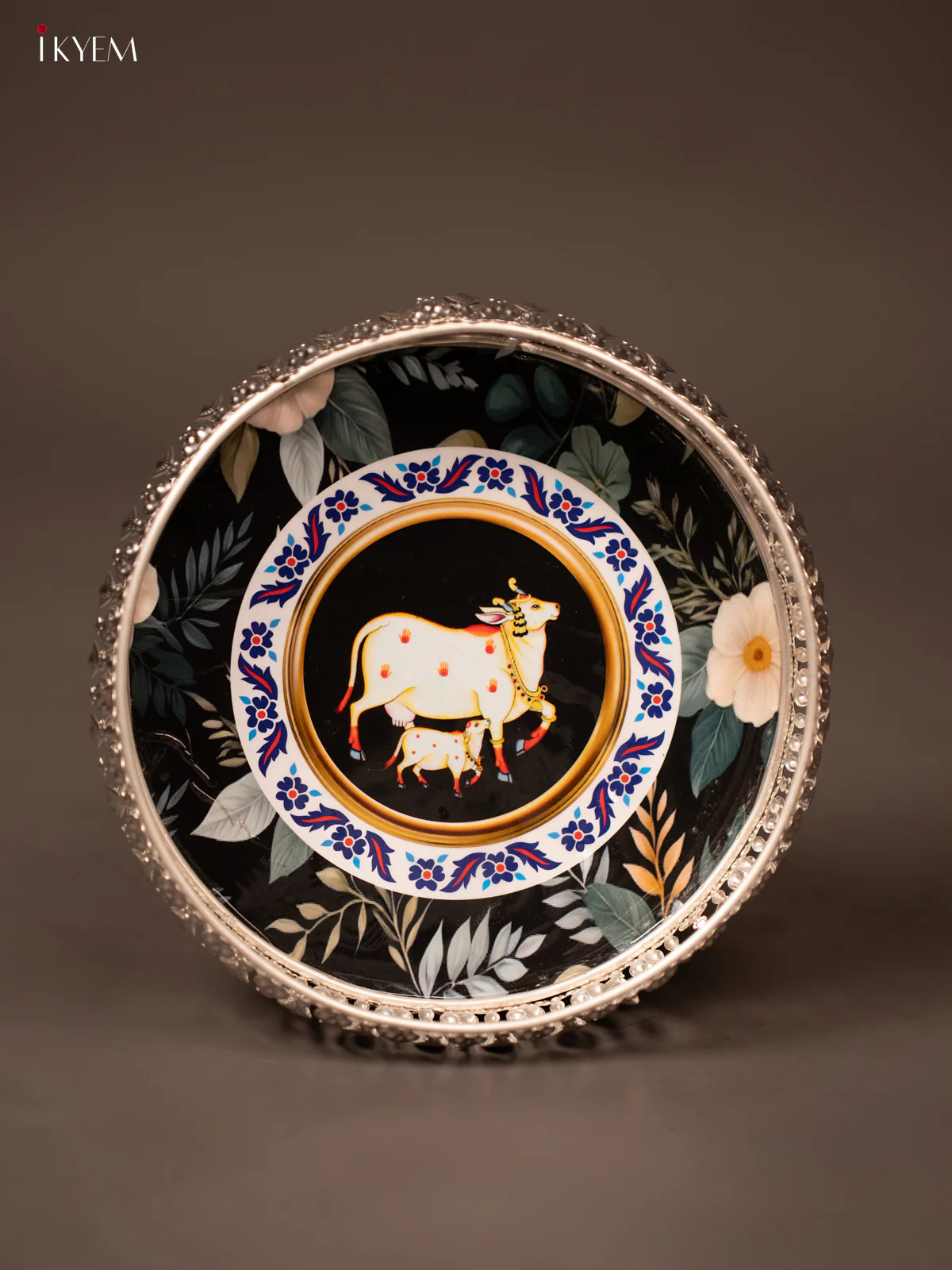 Cow & Calf Printed Dark Green German Silver Tray - KF21151