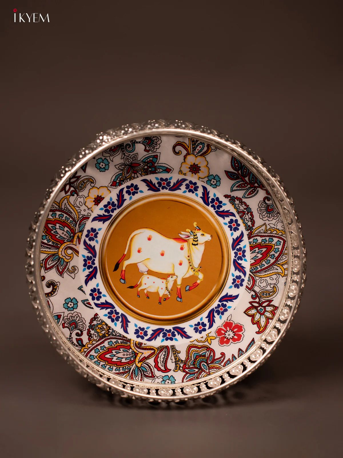 Cow & Calf Printed Multi Colour German Silver Tray - KF21154